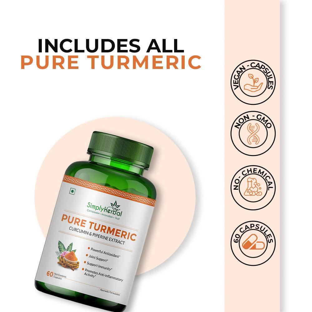 Simply Herbal Pure Turmeric Curcumin & Piperine Extract Capsule - 800 MG for Immunity | Immunity Boosters Capsule for Adults | Good for Skin & Joint Pains | Natural and Pure Curcuminoids(60- Capsule )