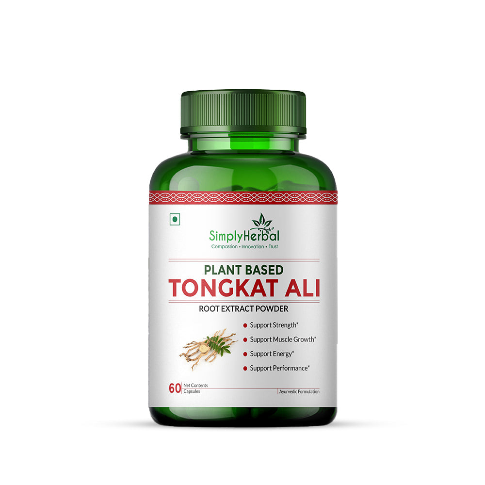 Simply Herbal Tongkat Ali Capsules root extract powder 1000mg | Enhanced testosterone level, Stamina and Stress tolerance 60 Veg Capsules