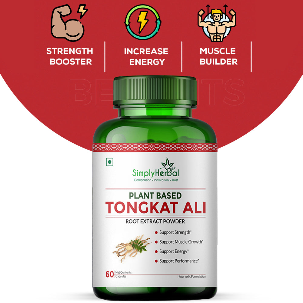 Simply Herbal Tongkat Ali Capsules root extract powder 1000mg | Enhanced testosterone level, Stamina and Stress tolerance 60 Veg Capsules