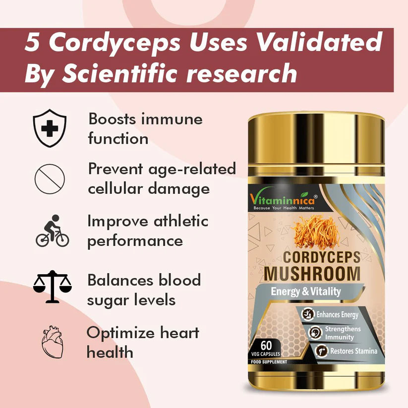 Vitaminnica Cordyceps Mushroom Capsules - ATP Energy Booster & Stamina, 60 Count