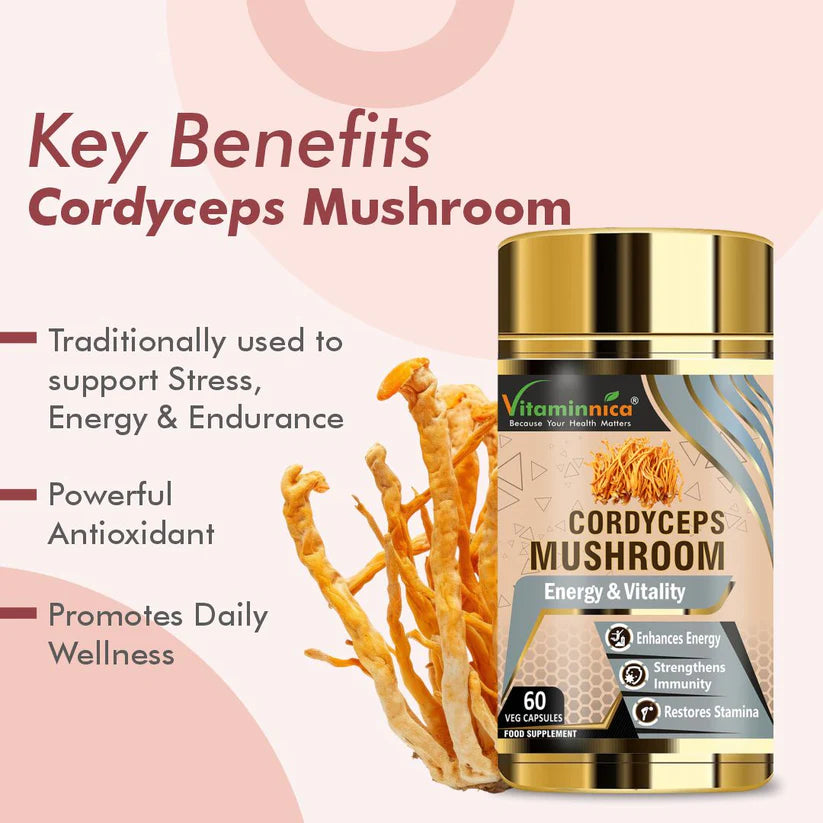 Vitaminnica Cordyceps Mushroom Capsules - ATP Energy Booster & Stamina, 60 Count
