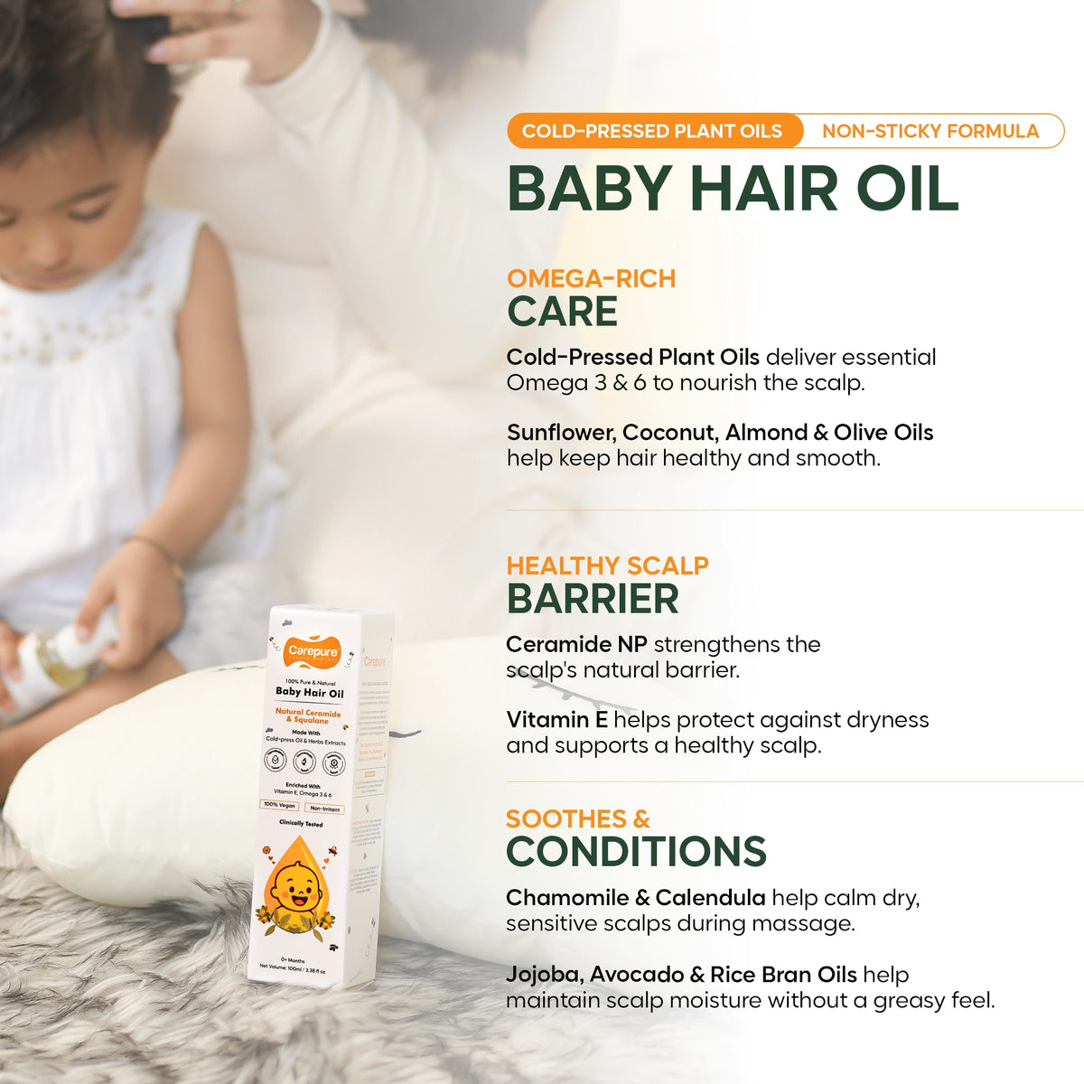 Carepure Scalp Nourishing Cold-Pressed Baby Hair Oil | 100% Natural Botanical Scalp & Hair Care for Infants & Toddlers