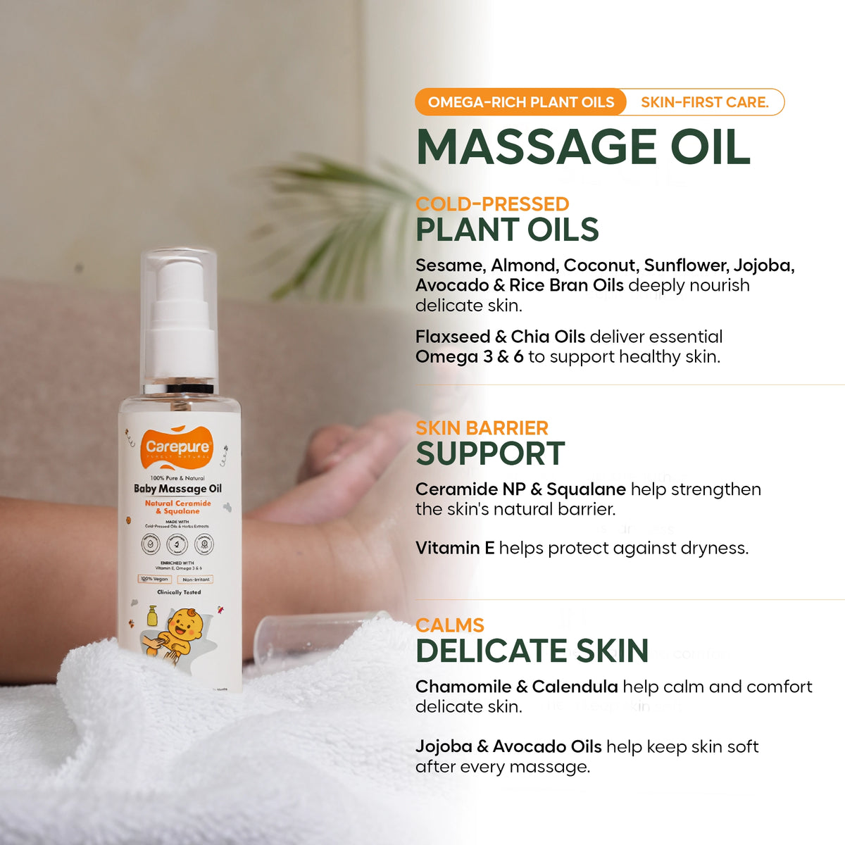 Carepure Pure Cold-Pressed Nourishing & Strengthening Baby Massage Oil | 100% Natural Botanical Oil Blend for Newborns & Toddlers