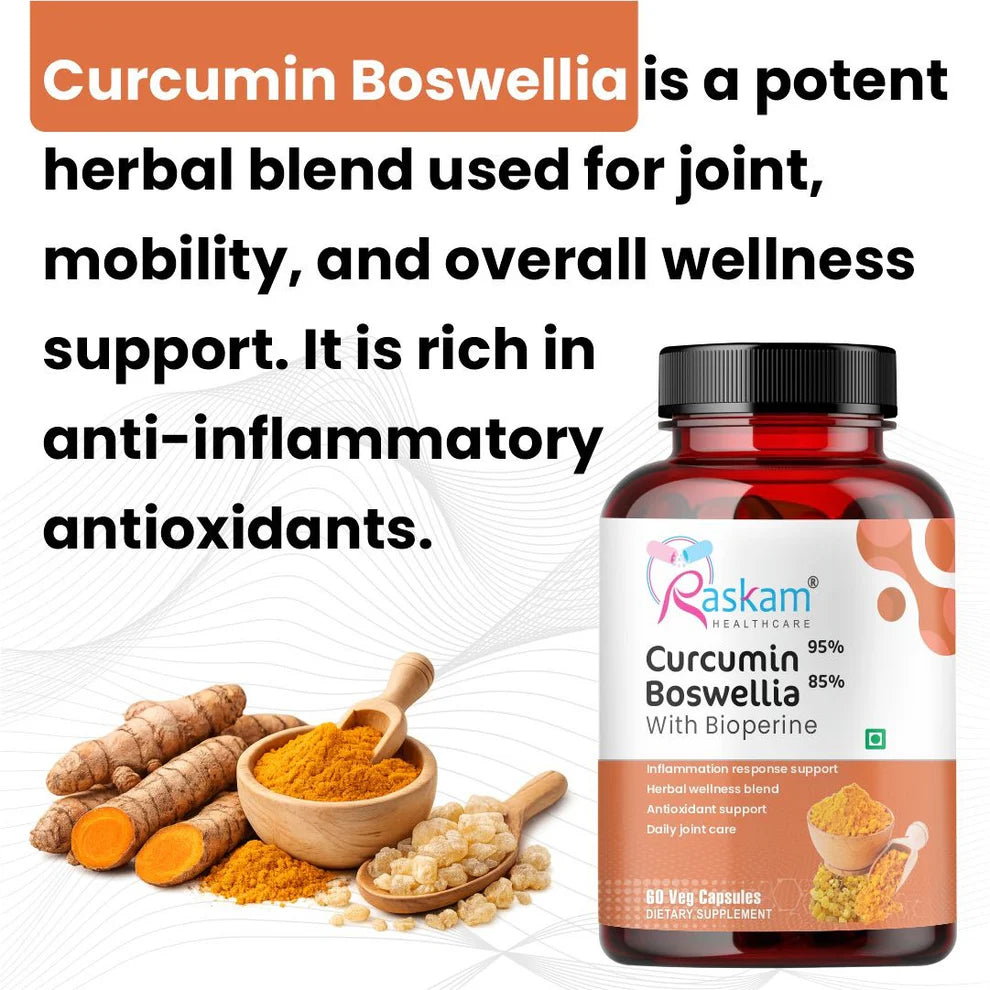 Raskam Curcumin Boswellia with Bioperine - 60 Veg Capsules For Bone and Joint Wellness