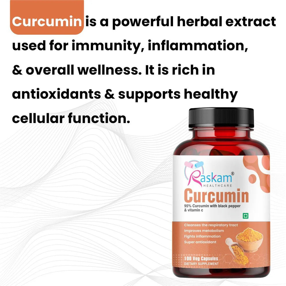Raskam Curcumin - 100 Capsules- 95% Curcuminoids - Higher Absorption- Antioxidant & Anti-inflammatory Supplement - For Skin, Joint Support, Boosts Immune System