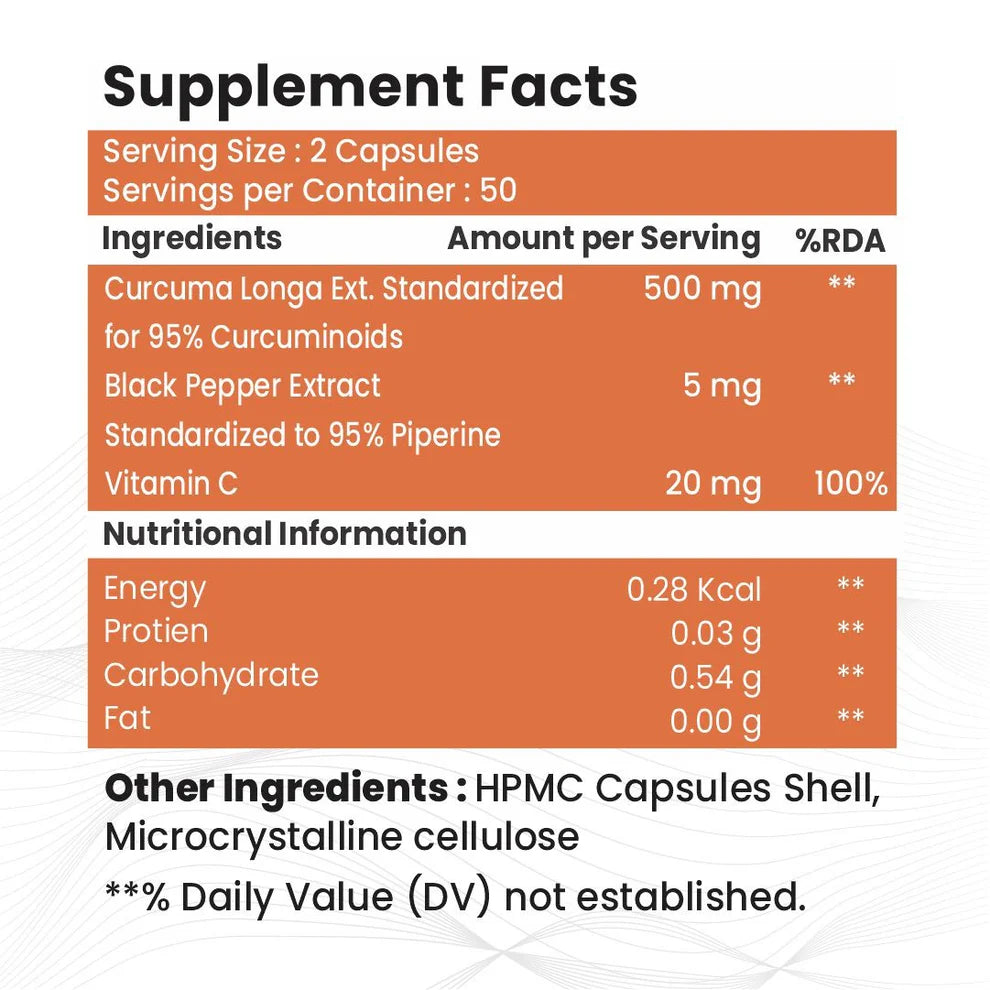 Raskam Curcumin - 100 Capsules- 95% Curcuminoids - Higher Absorption- Antioxidant & Anti-inflammatory Supplement - For Skin, Joint Support, Boosts Immune System