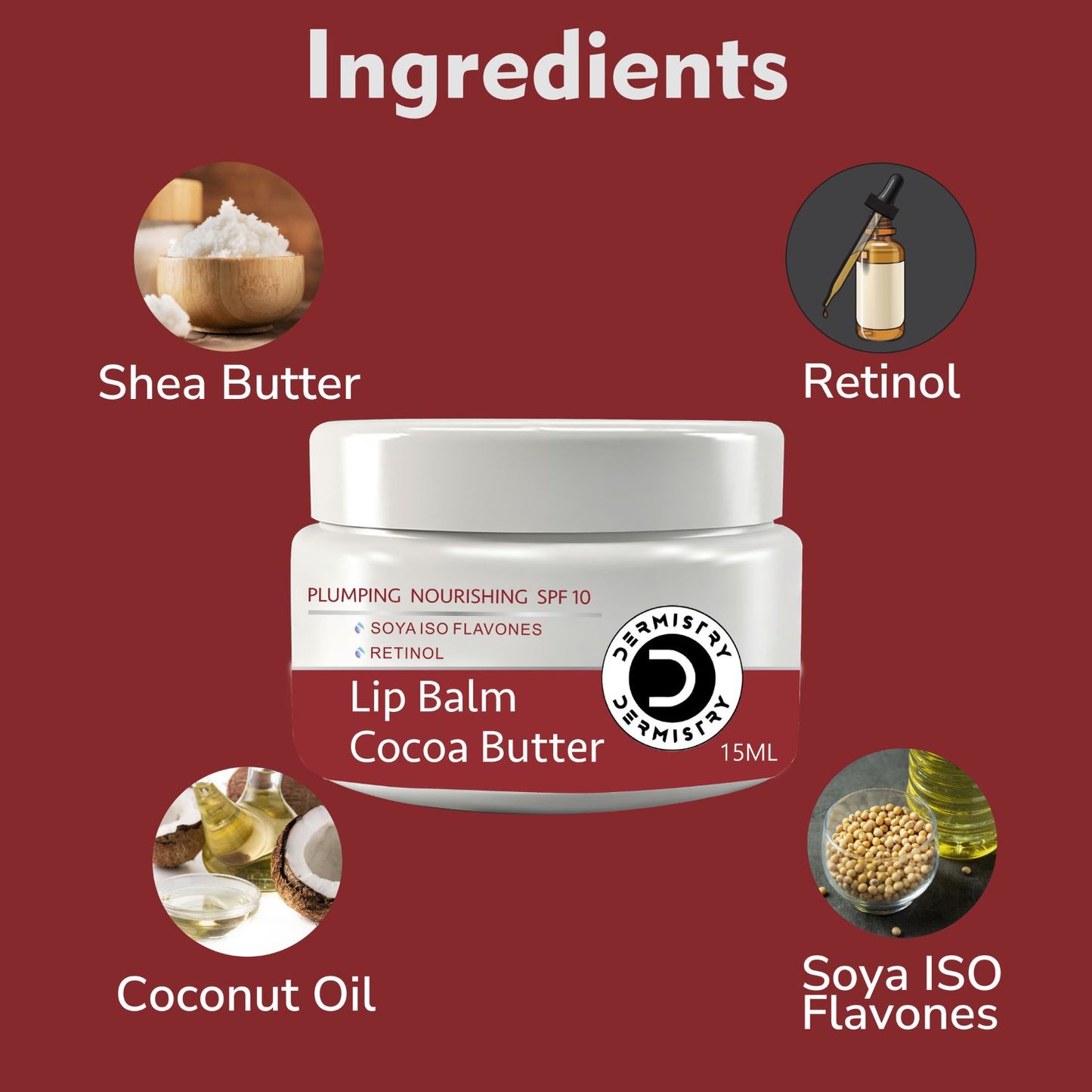 Dermistry Plumping SPF 10 Lip Balm Cocoa Butter & Strawberry for Dry Dark Pigmentation Chapped Lips