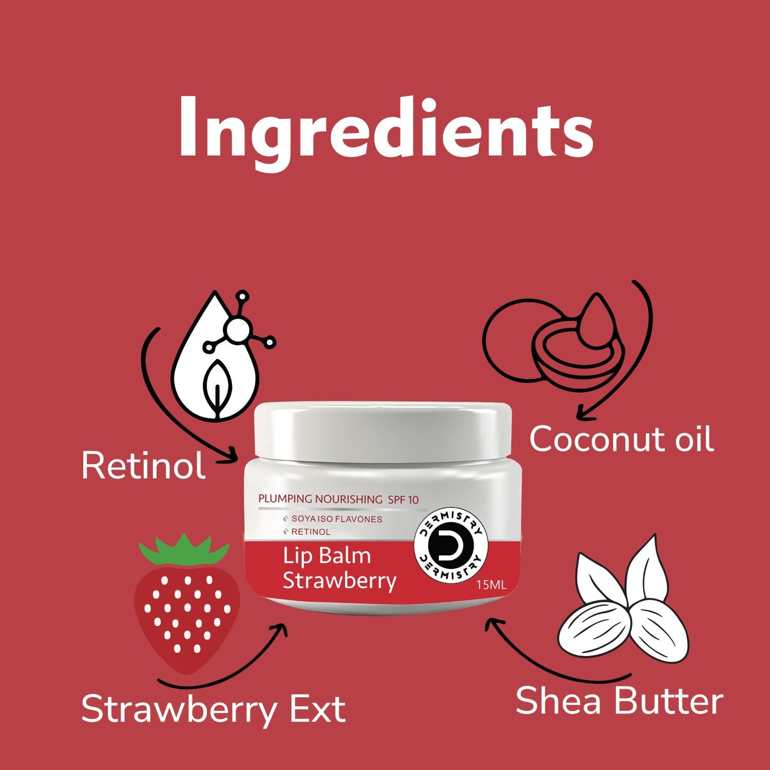 Dermistry Plumping SPF 10 Lip Balm Cocoa Butter & Strawberry for Dry Dark Pigmentation Chapped Lips