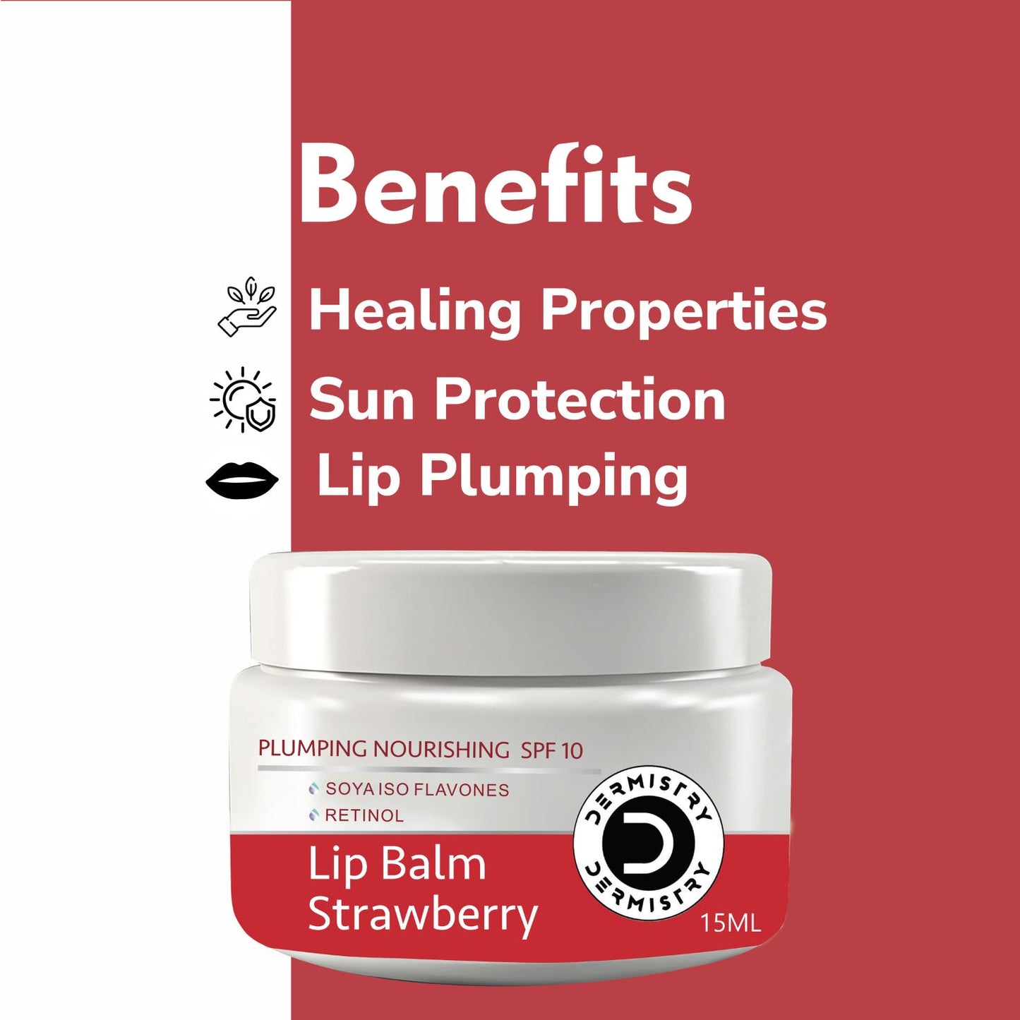 Dermistry Plumping SPF 10 Lip Balm Cocoa Butter & Strawberry for Dry Dark Pigmentation Chapped Lips