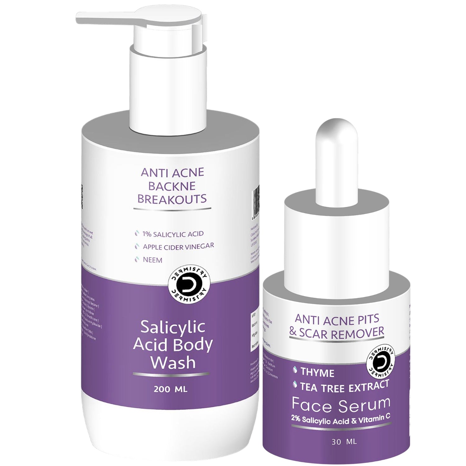 Dermistry 1% Salicylic Acid Niacinamide Back Acne Body Wash & Acne Spots Scars Corrector Face Serum