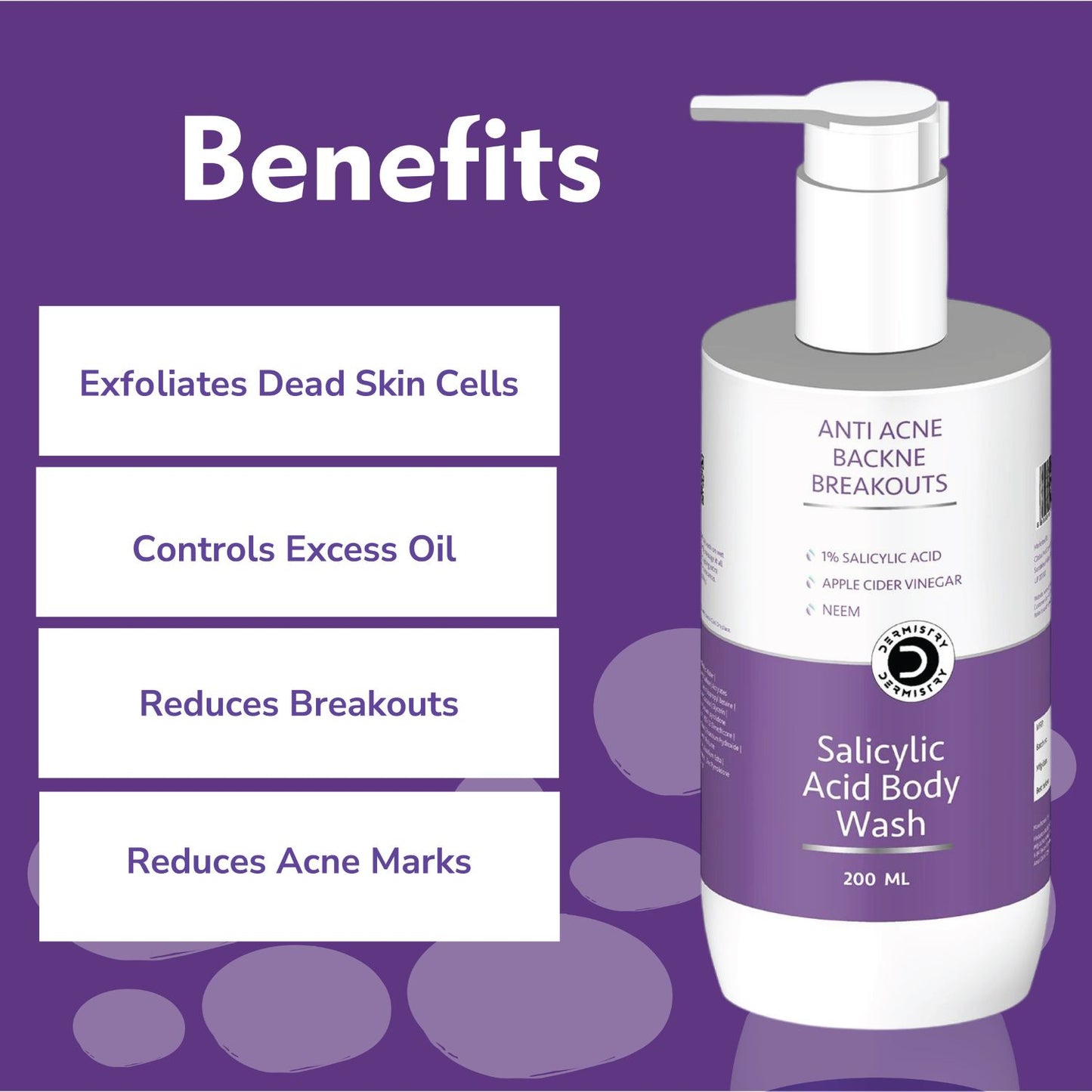 Dermistry 1% Salicylic Acid Niacinamide Back Acne Body Wash & Acne Spots Scars Corrector Face Serum