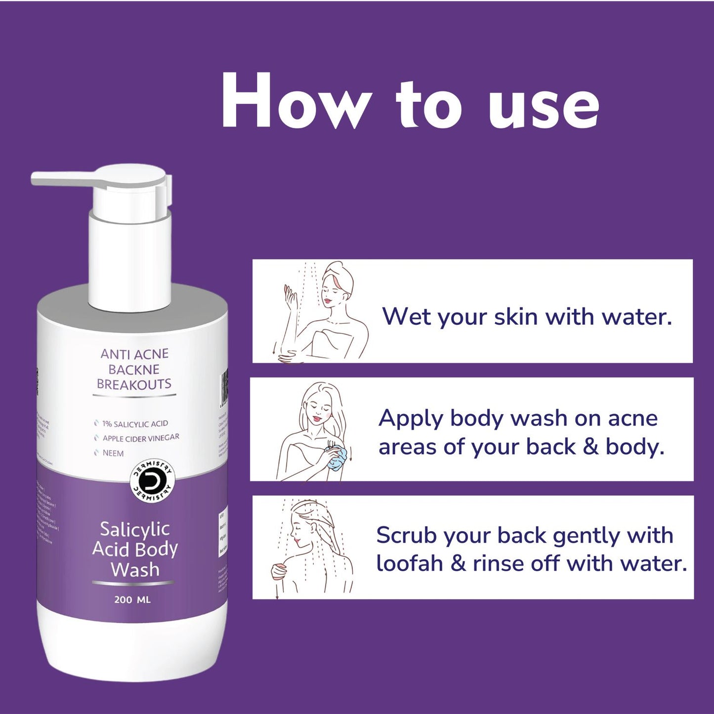 Dermistry 1% Salicylic Acid Niacinamide Back Acne Body Wash & Acne Spots Scars Corrector Face Serum