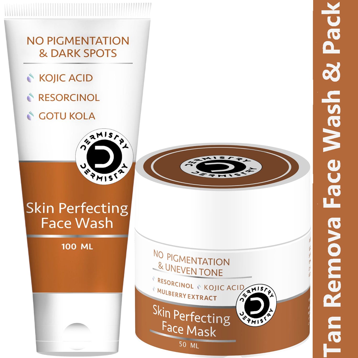 Dermistry Kojic Acid Face Wash & Mask Pack DTan Dark Spots Removal Skin Lightening Whitening Bright