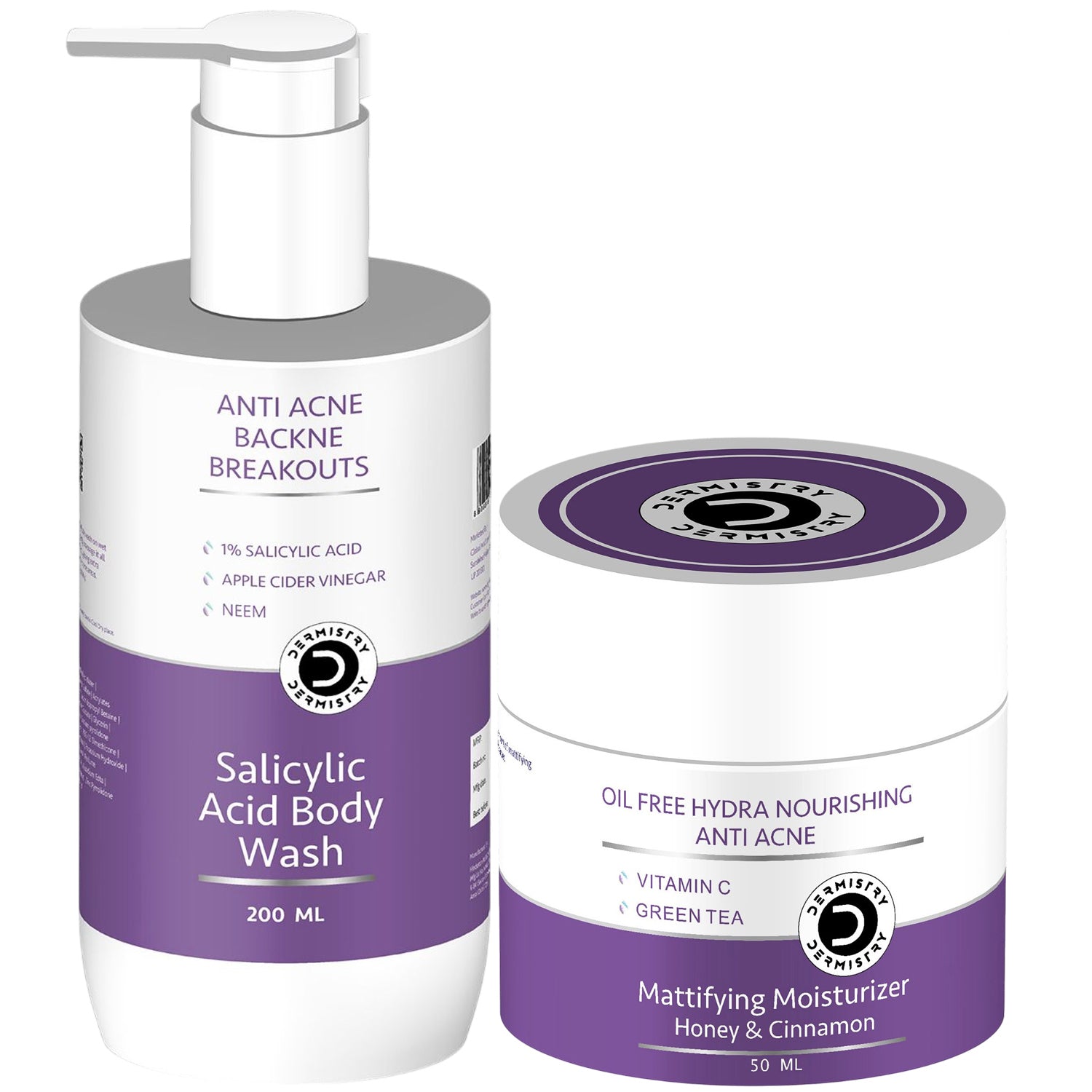 Dermistry 1% Salicylic Acid Niacinamide Zinc Back Acne Body Wash & Oil-Free Mattifying Moisturizer