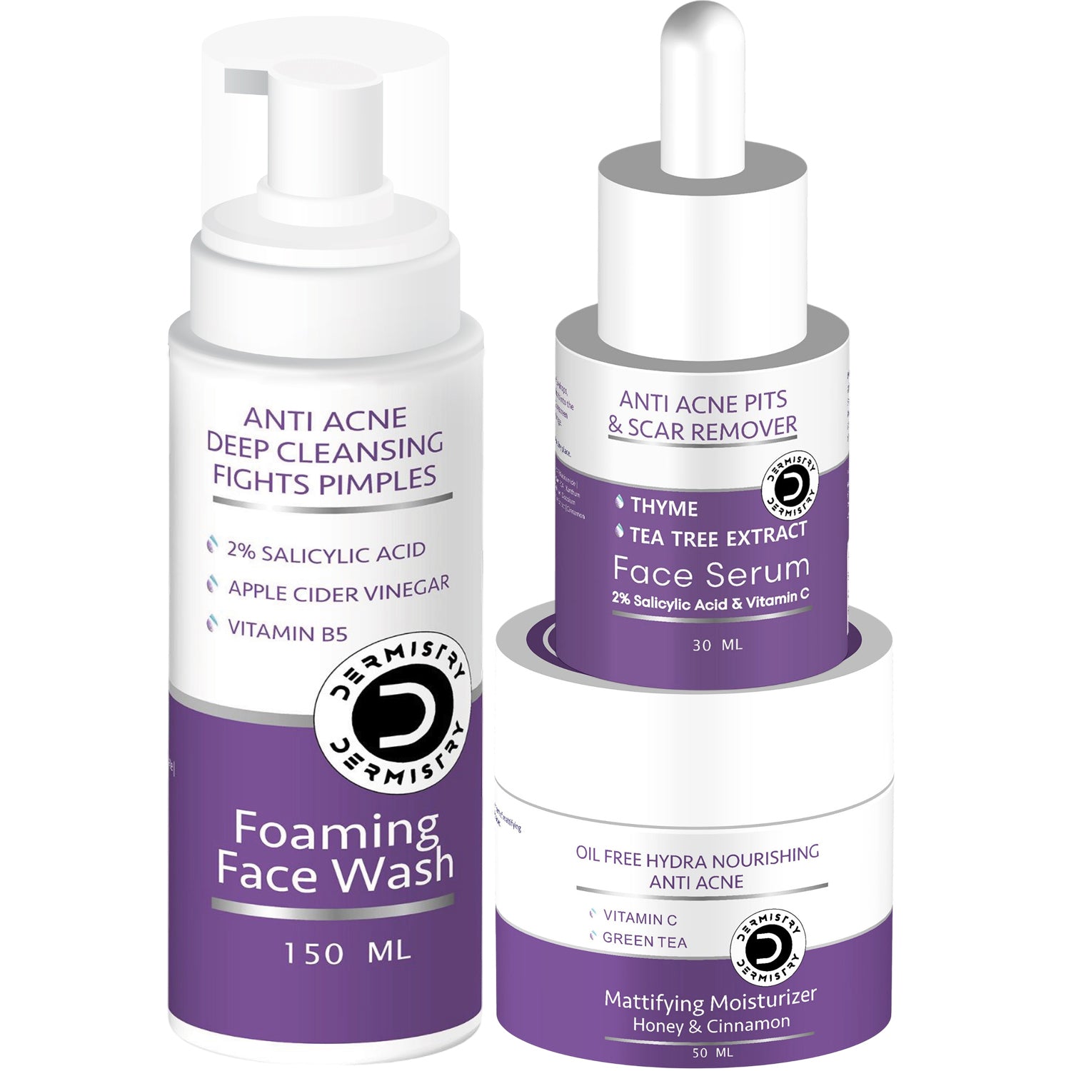 DERMISTRY Salicylic Acid Face Wash + Serum + Oil Free Moisturizer Oily Acne Prone Skin Facial Kit