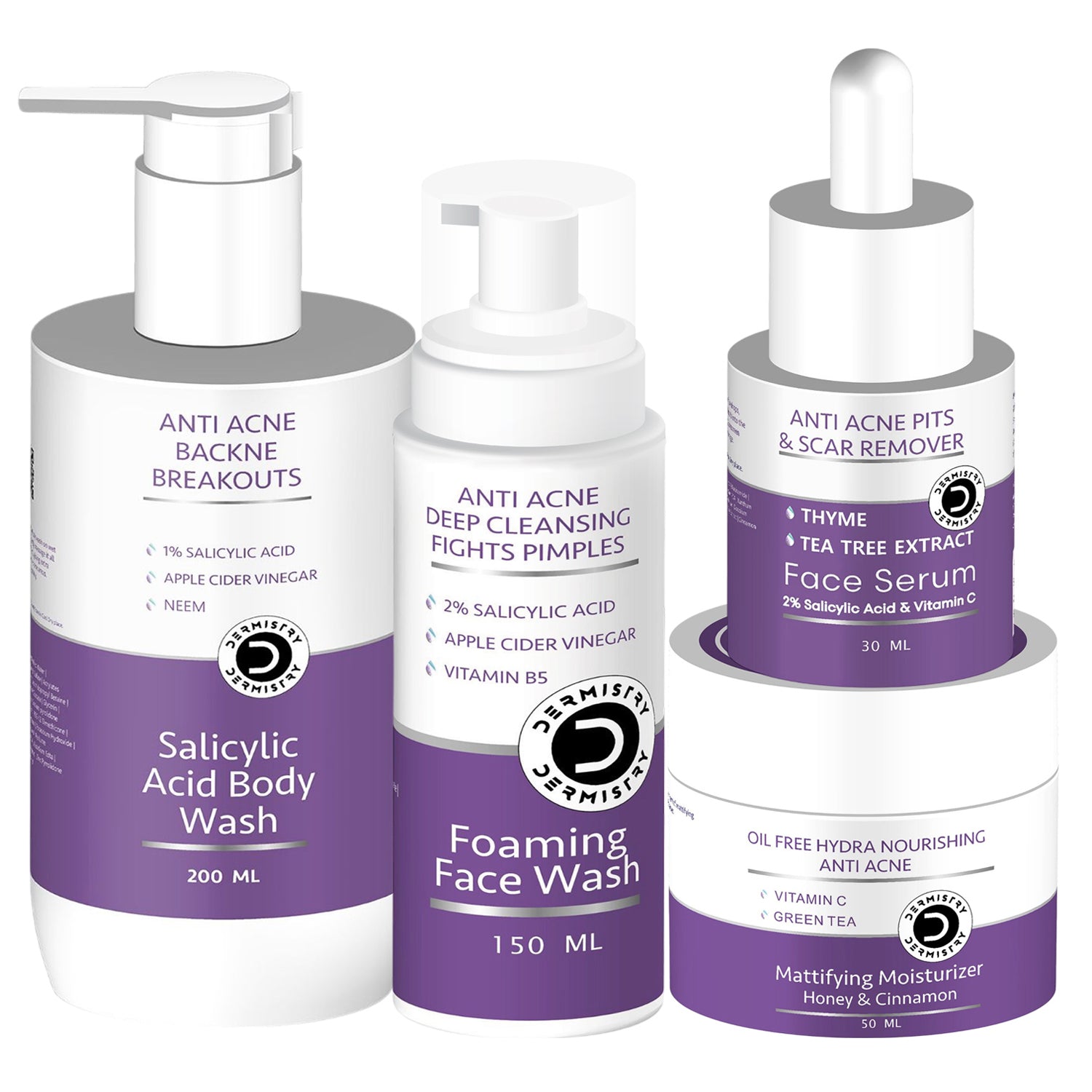 DERMISTRY Salicylic Acid Face Wash + Serum + Oil Free Moisturiser Gel + Back Acne Body Wash Acne Kit