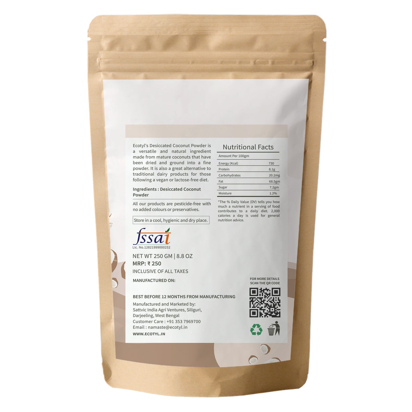 Ecotyl Desiccated Coconut Powder - 250gm