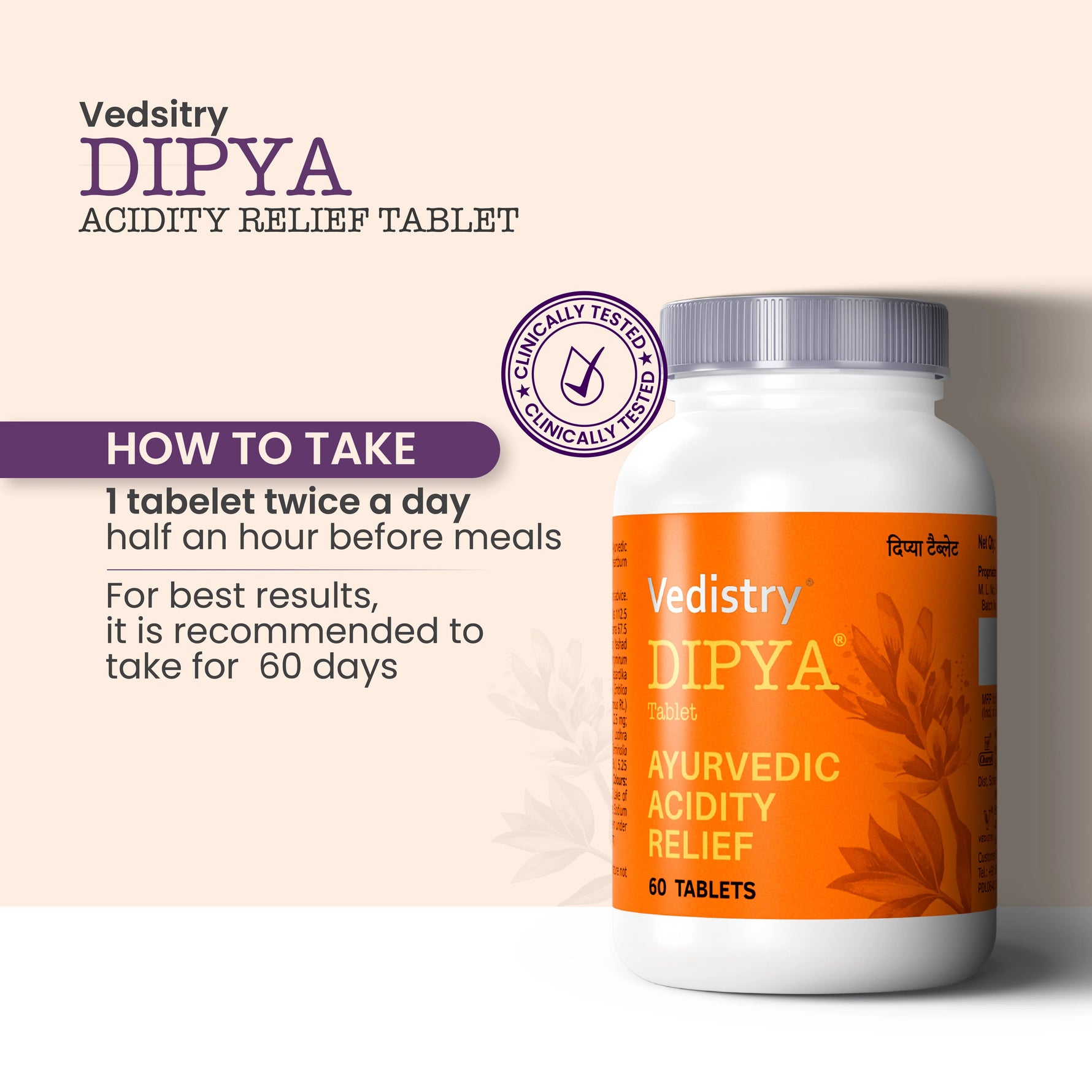 Vedistry Dipya Acidity Relief Tablets 60s - Ayurvedic Antacid for Reflux & Gas - 30 day pack
