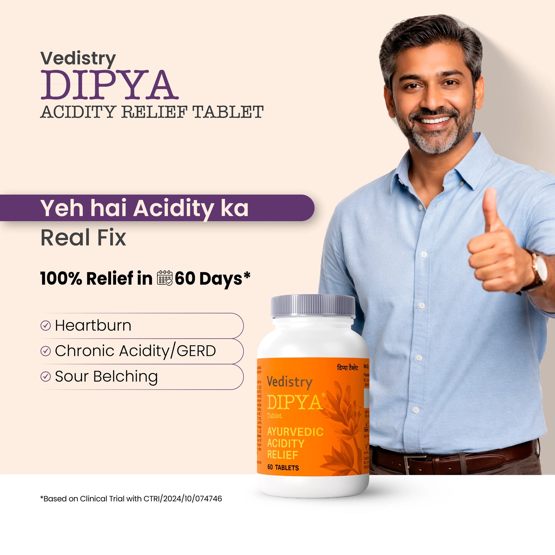 Vedistry Dipya Acidity Relief Tablets 60s - Ayurvedic Antacid for Reflux & Gas - 30 day pack
