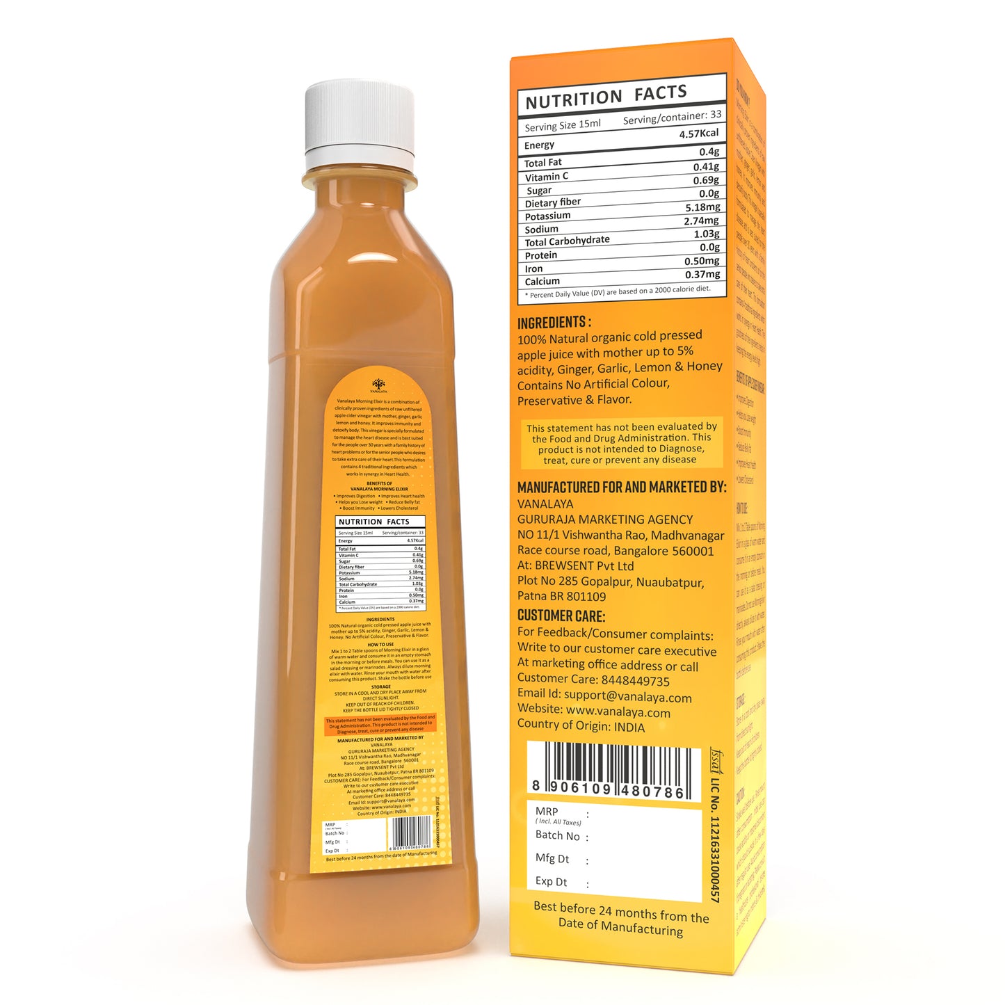 Vanalaya Morning Elixir Apple Cider Vinegar with Ginger, Garlic, Lemon & Honey 500ml