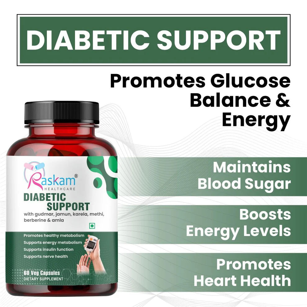 Raskam Diabetic Capsule Support Advanced Blood Sugar Support | FSSAI approved Diabetes Care Formula with modern scientific validation Berberine, Cinnamon, Fenugreek, Green Tea to Maintain Healthy Blood Sugar Levels - 60 Veg Capsule