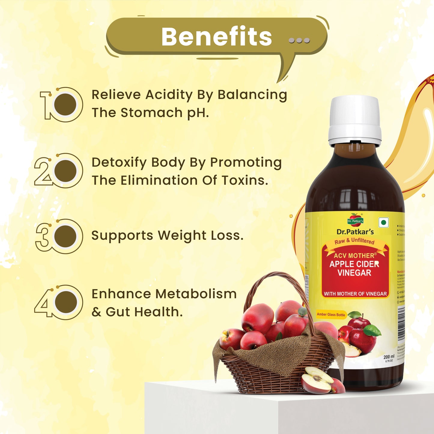 Dr. Patkar's Apple Cider Vinegar with the Mother | Unfiltered & Undiluted | Suitable for Weight Management & Improved Immunity (With Mother)