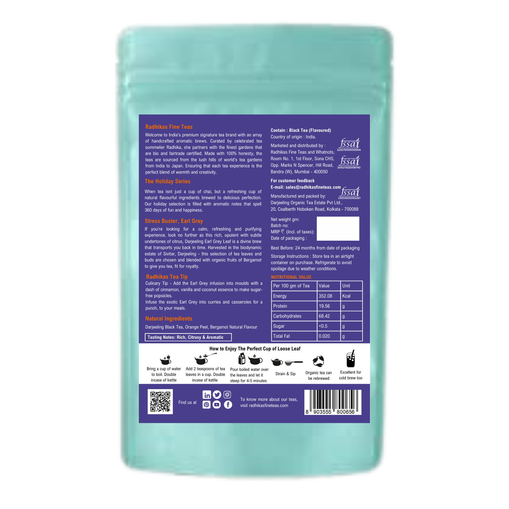 Radhikas Fine Teas Stress Buster Earl Grey Tea - 100gm