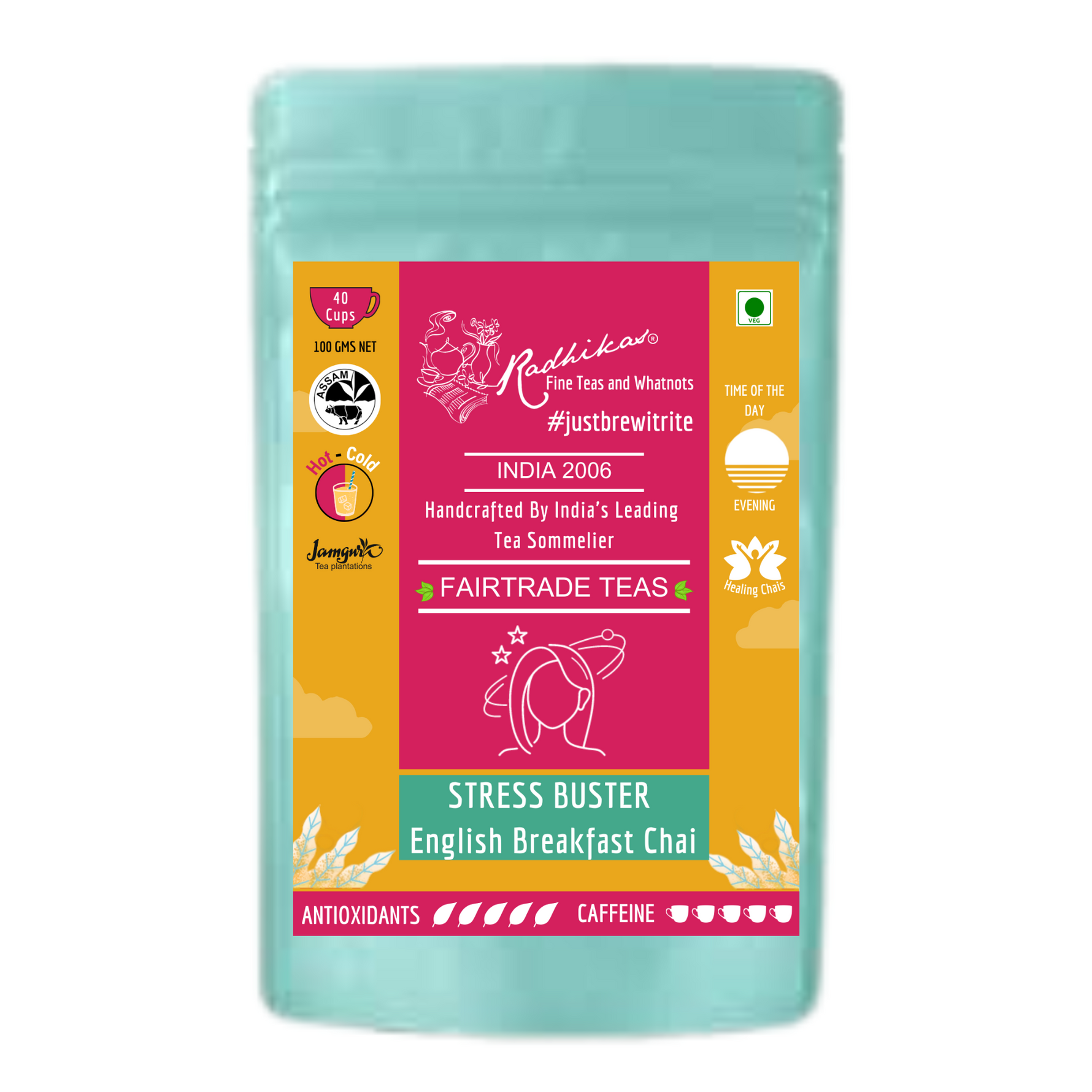 Radhikas Fine Teas Stress Buster English Breakfast Chai - Relax, Energize & Improve Mood - 100gm