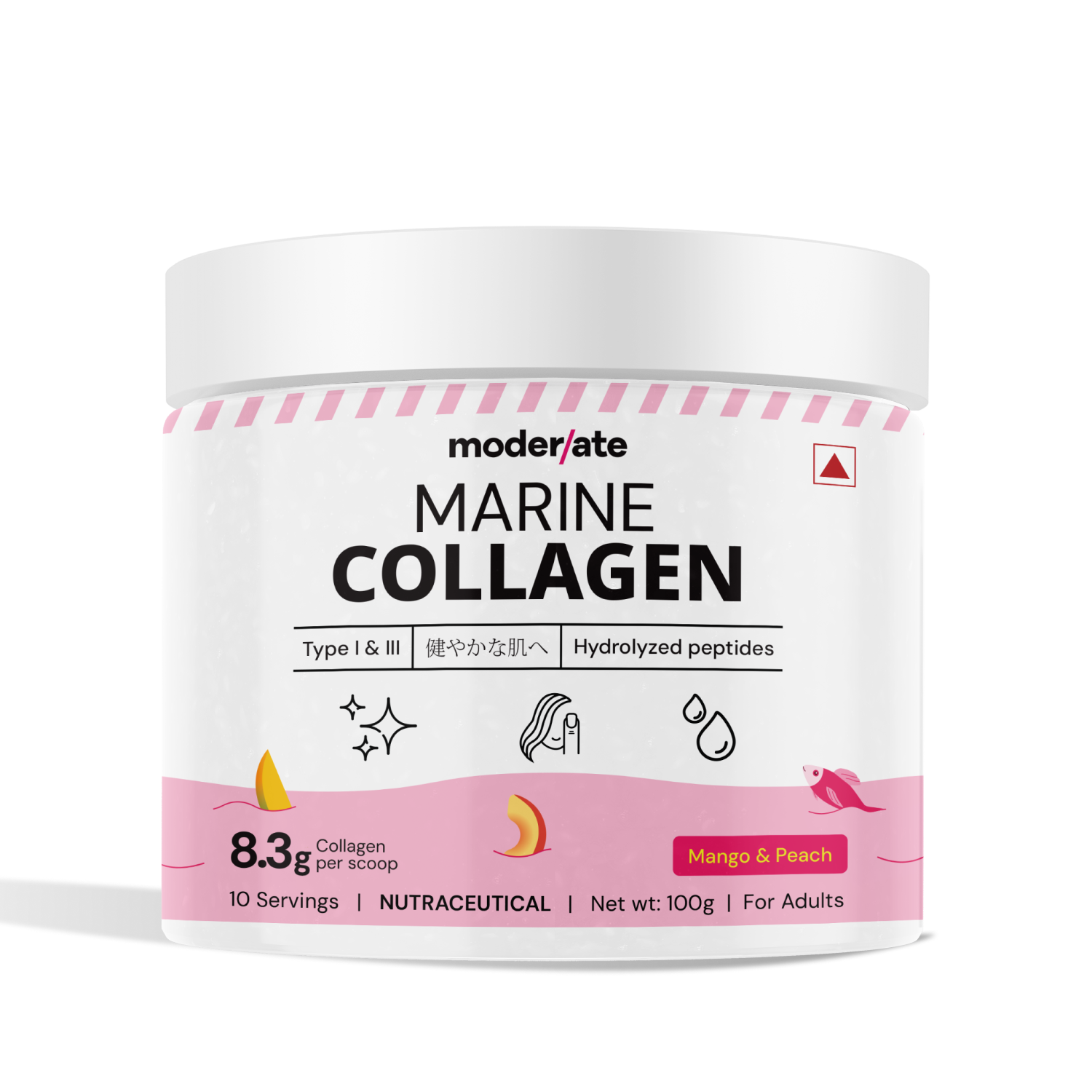 Moderate Marine Collagen Powder for Women, Type 1 & 3 Hydrolyzed Collagen Peptides with Glutathione, Hyaluronic Acid, Biotin, Vitamin C, Mango Peach Flavour for Skin, Hair, Nails and Hydration, 100g