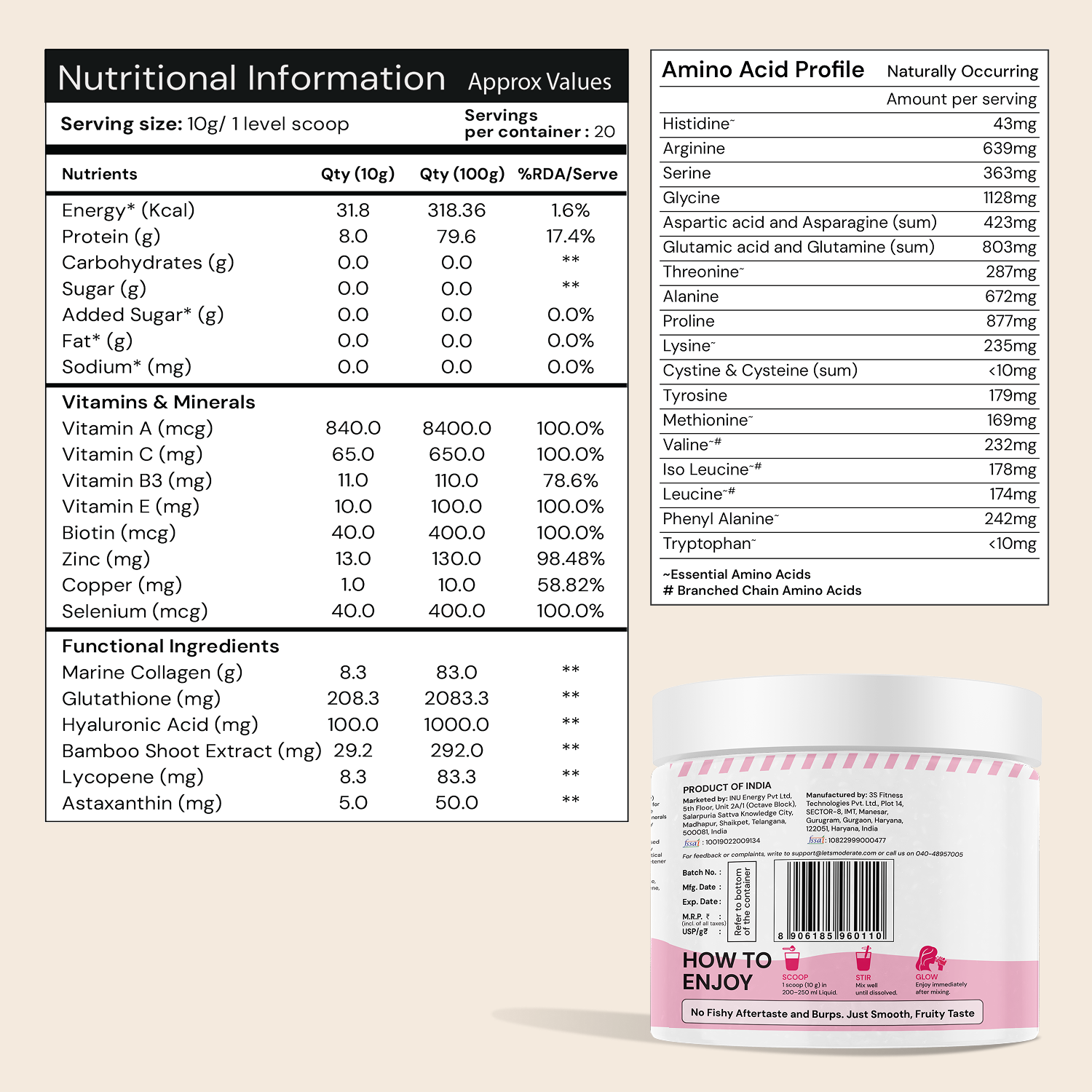 Moderate Marine Collagen Powder for Women, Type 1 & 3 Hydrolyzed Collagen Peptides with Glutathione, Hyaluronic Acid, Biotin, Vitamin C, Mango Peach Flavour for Skin, Hair, Nails and Hydration, 100g