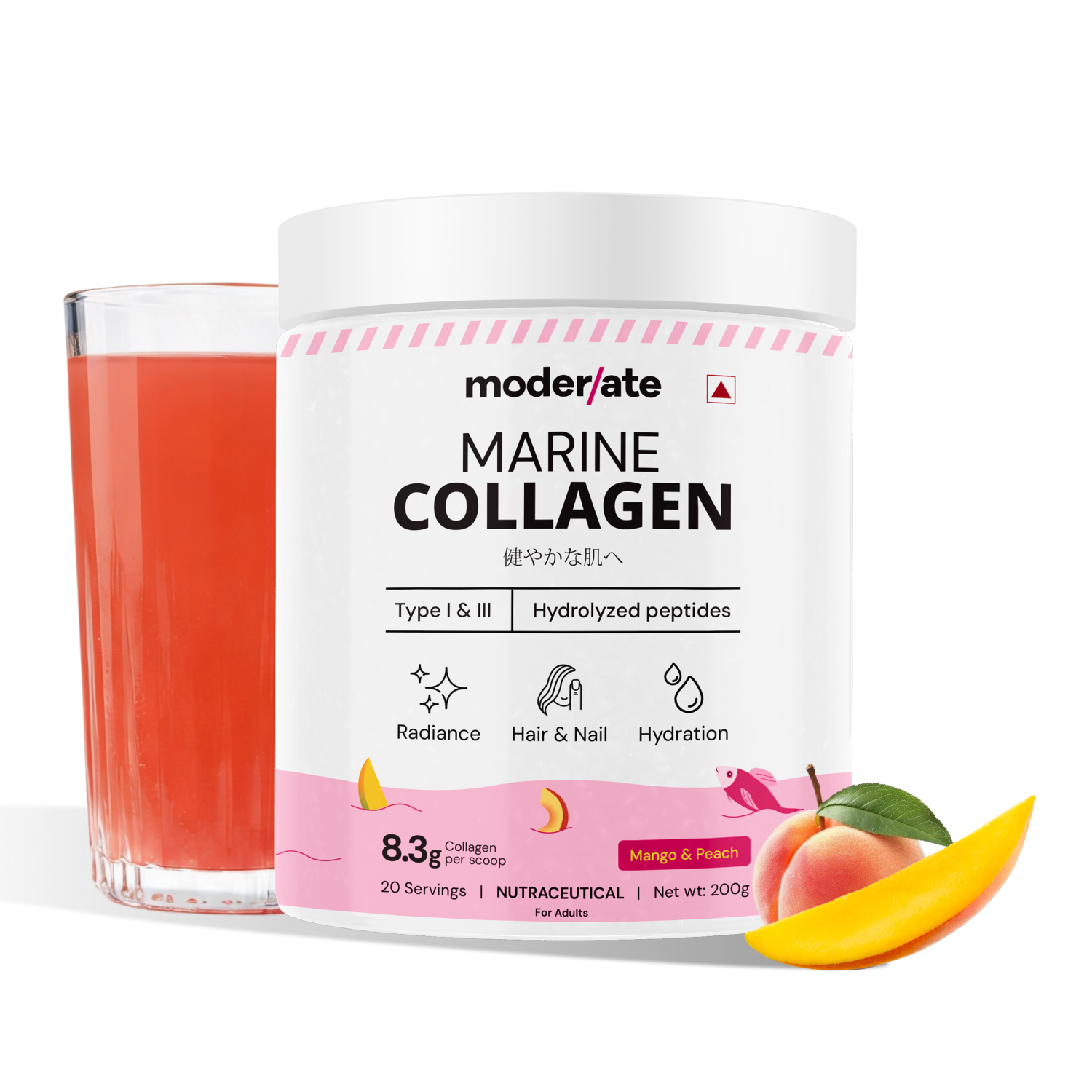 Moderate Marine Collagen Powder for Women, Type 1 & 3 Hydrolyzed Collagen Peptides with Glutathione, Hyaluronic Acid, Biotin, Vitamin C, Mango Peach Flavour for Skin, Hair, Nails and Hydration, 200g