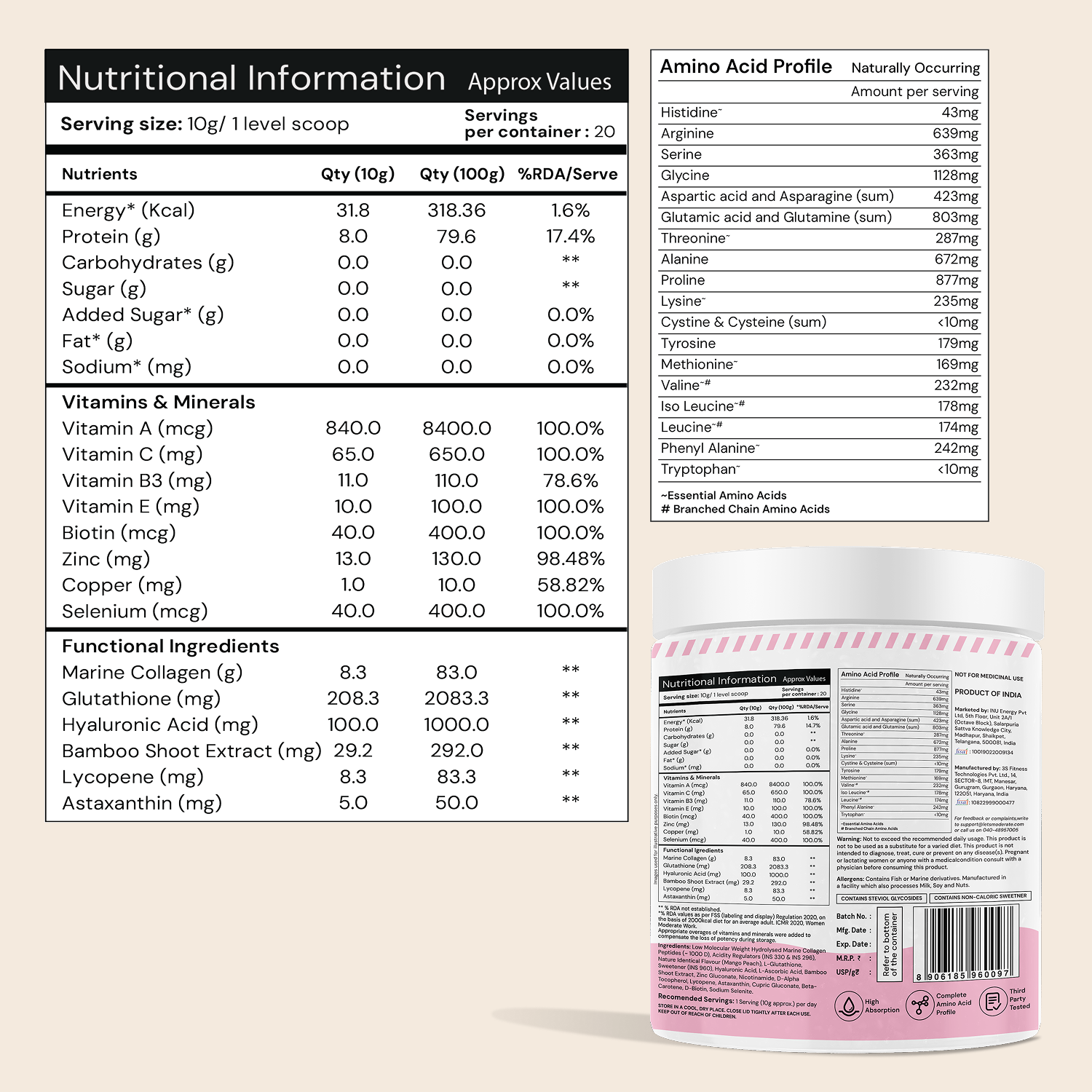 Moderate Marine Collagen Powder for Women, Type 1 & 3 Hydrolyzed Collagen Peptides with Glutathione, Hyaluronic Acid, Biotin, Vitamin C, Mango Peach Flavour for Skin, Hair, Nails and Hydration, 200g