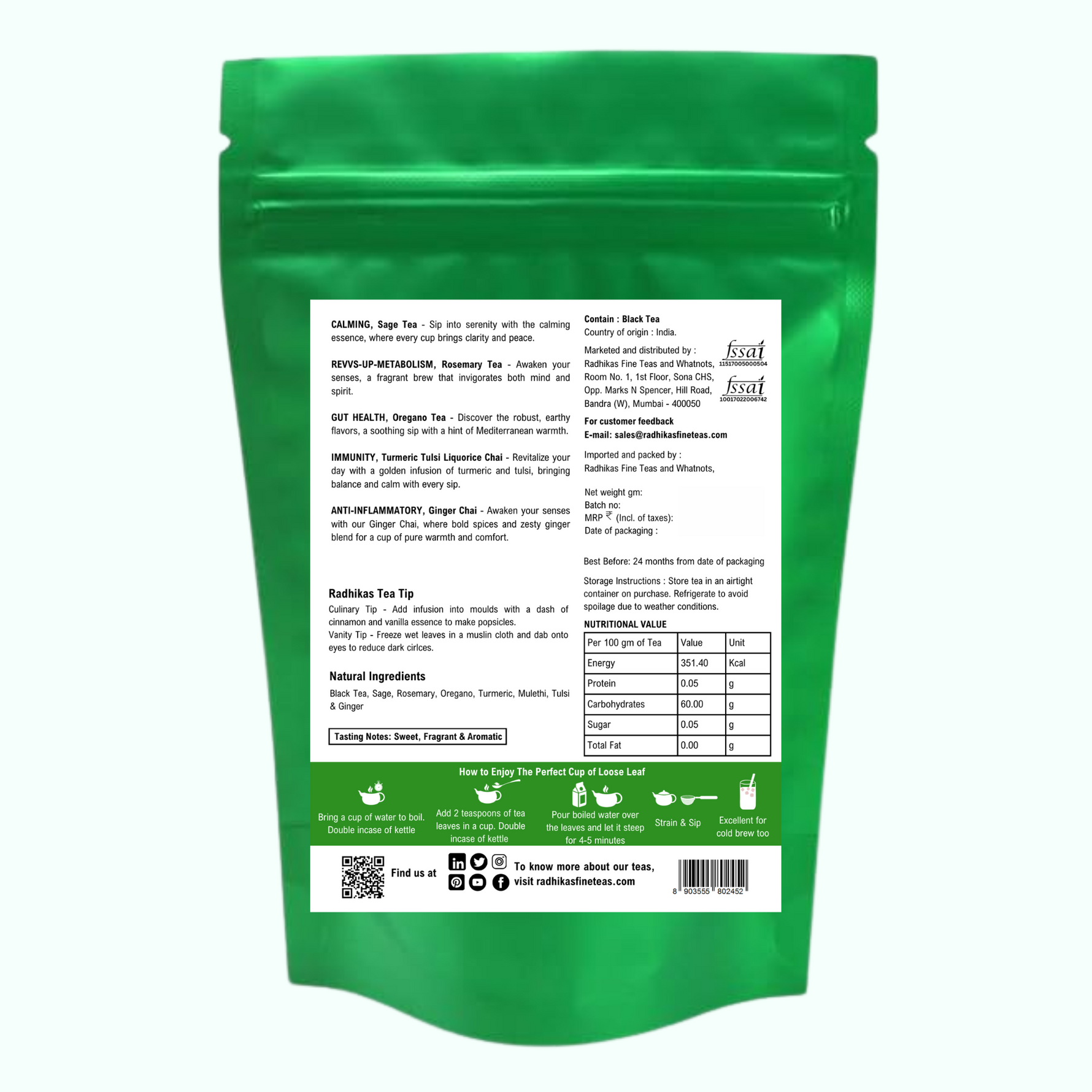 Radhikas Fine Teas Festive Herbal Collection – Sage, Oregano, Rosemary, Turmeric Tulsi & Ginger Chai - 50gm