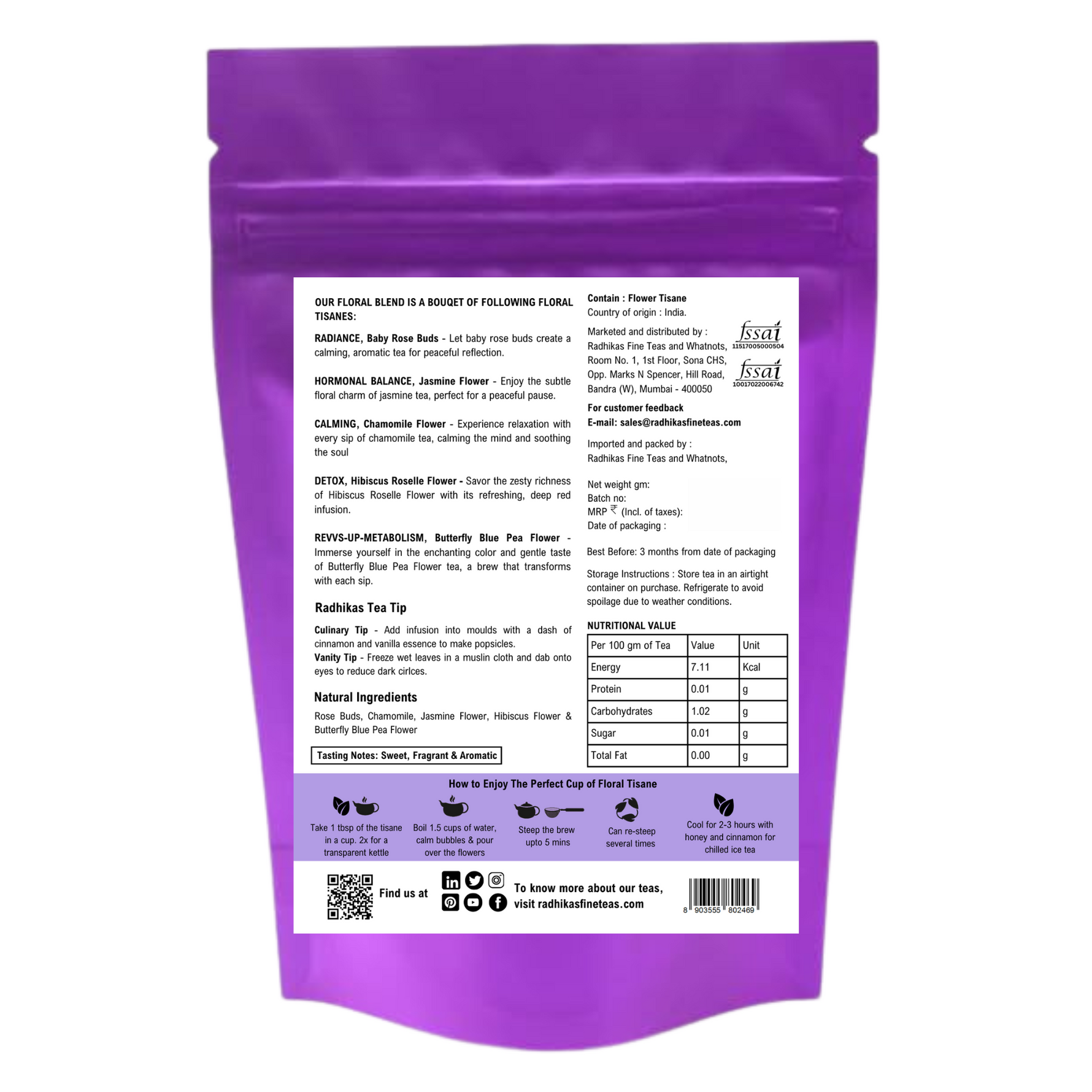 Radhikas Fine Teas Festive Floral Gift Tea Collection – Rose, Jasmine, Chamomile, Hibiscus & Butterfly Pea Herbal Collection