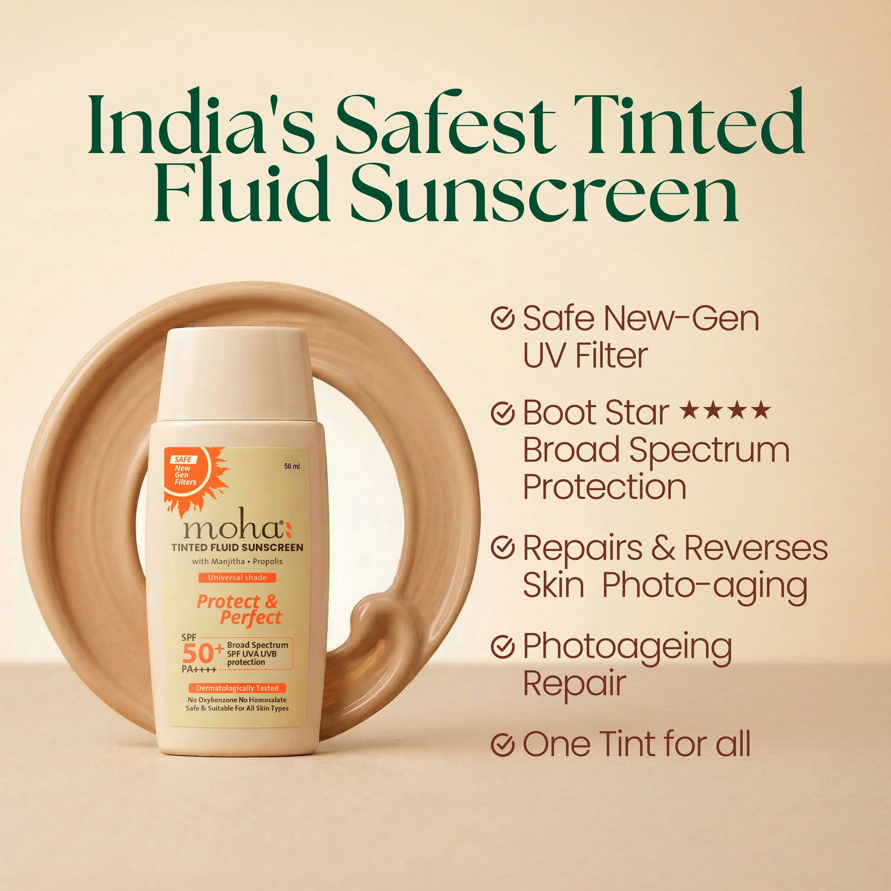 Moha Tinted Fluid Sunscreen SPF 50+ PA++++ - No White Cast Matte Sunscreen Fluid