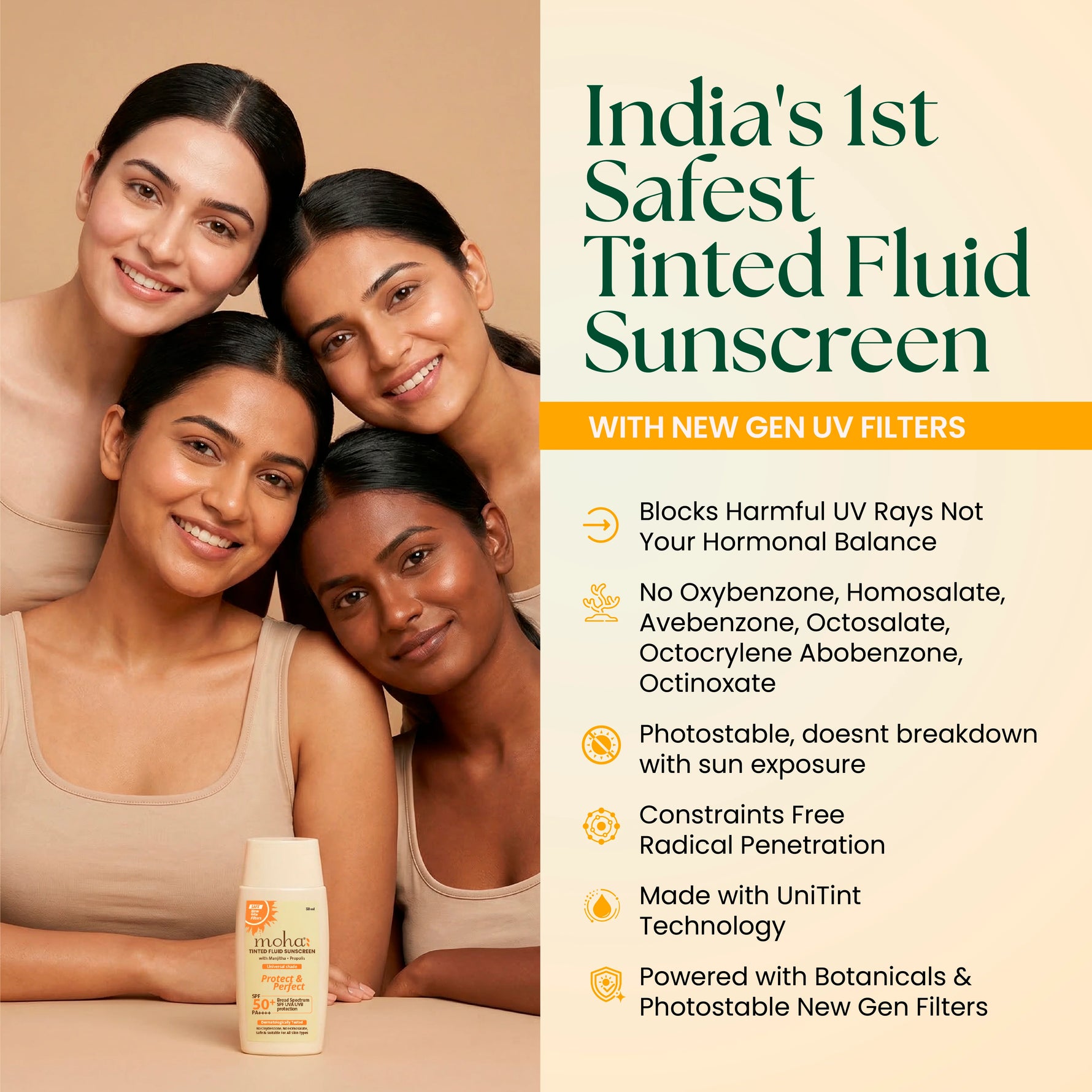 Moha Tinted Fluid Sunscreen SPF 50+ PA++++ - No White Cast Matte Sunscreen Fluid