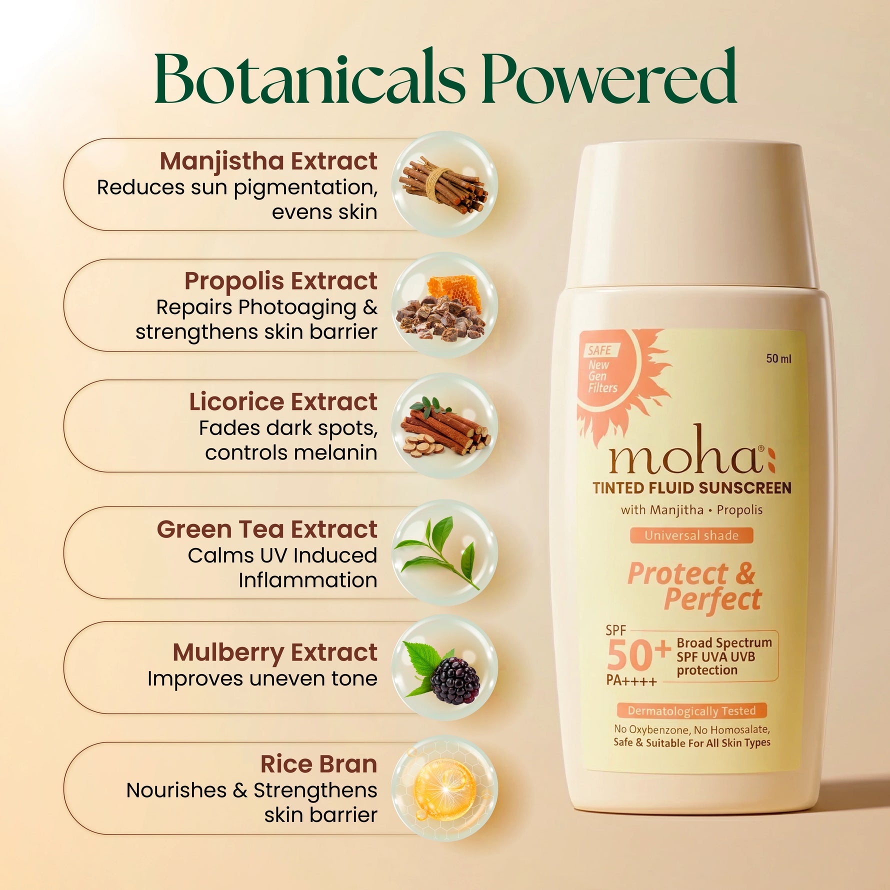 Moha Tinted Fluid Sunscreen SPF 50+ PA++++ - No White Cast Matte Sunscreen Fluid