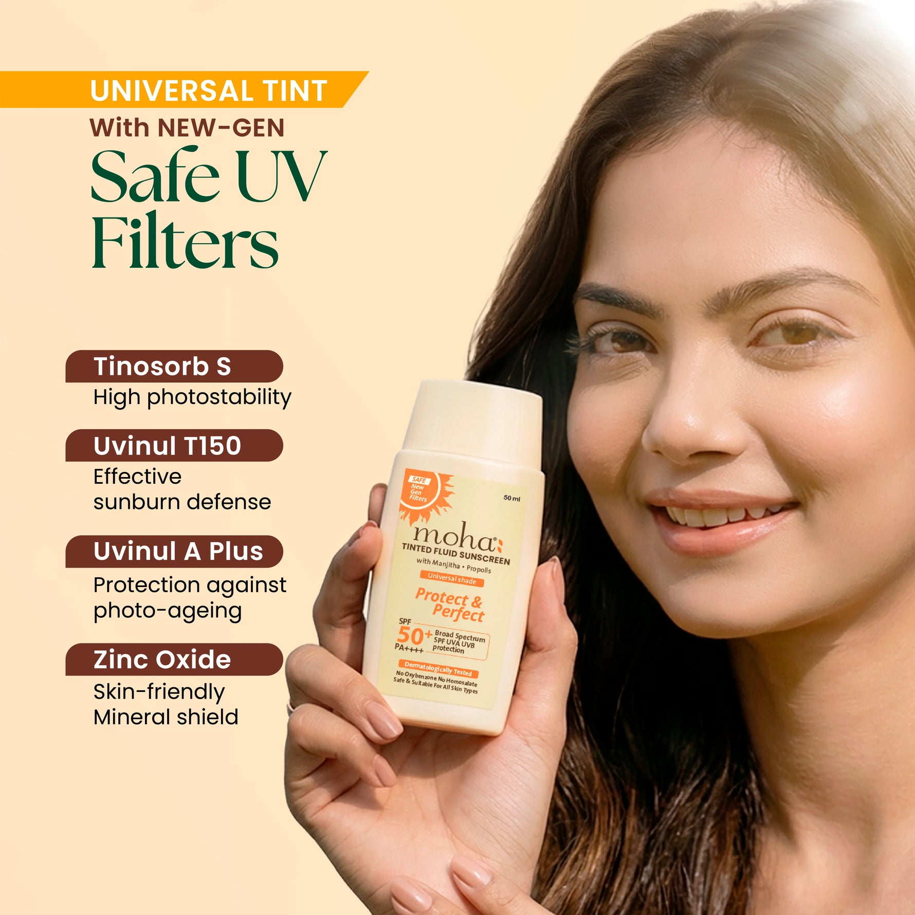 Moha Tinted Fluid Sunscreen SPF 50+ PA++++ - No White Cast Matte Sunscreen Fluid