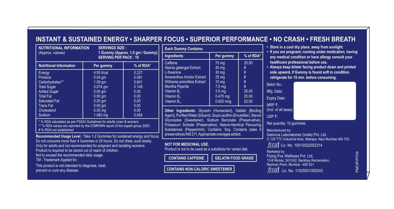 Flying Fox Slow Melt Energy Gummies - Caffeine & L-Theanine Focus (10 Count)