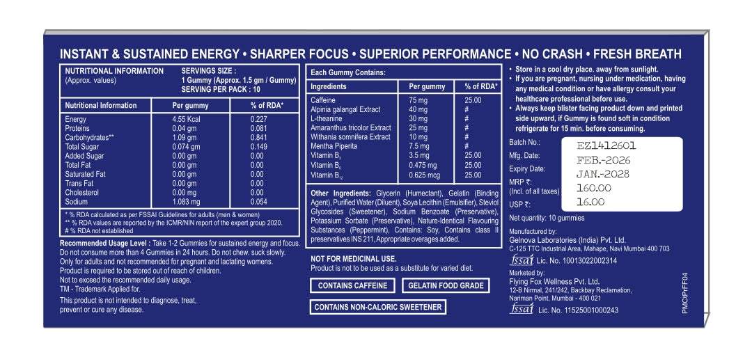 Flying Fox Slow Melt Energy Gummies - Caffeine & L-Theanine Focus (10 Count)