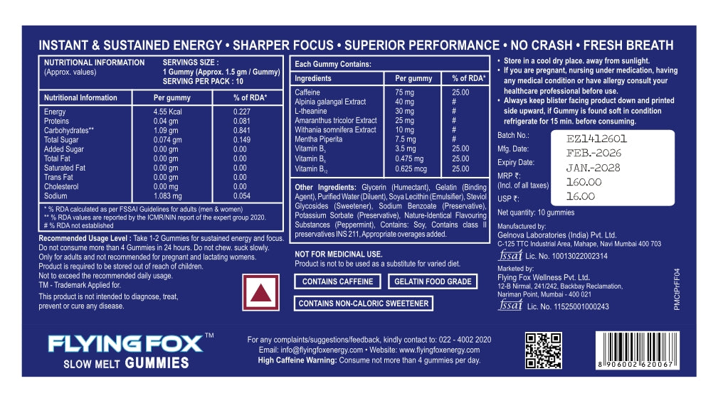 Flying Fox Slow Melt Energy Gummies - Caffeine & L-Theanine Focus (10 Count)
