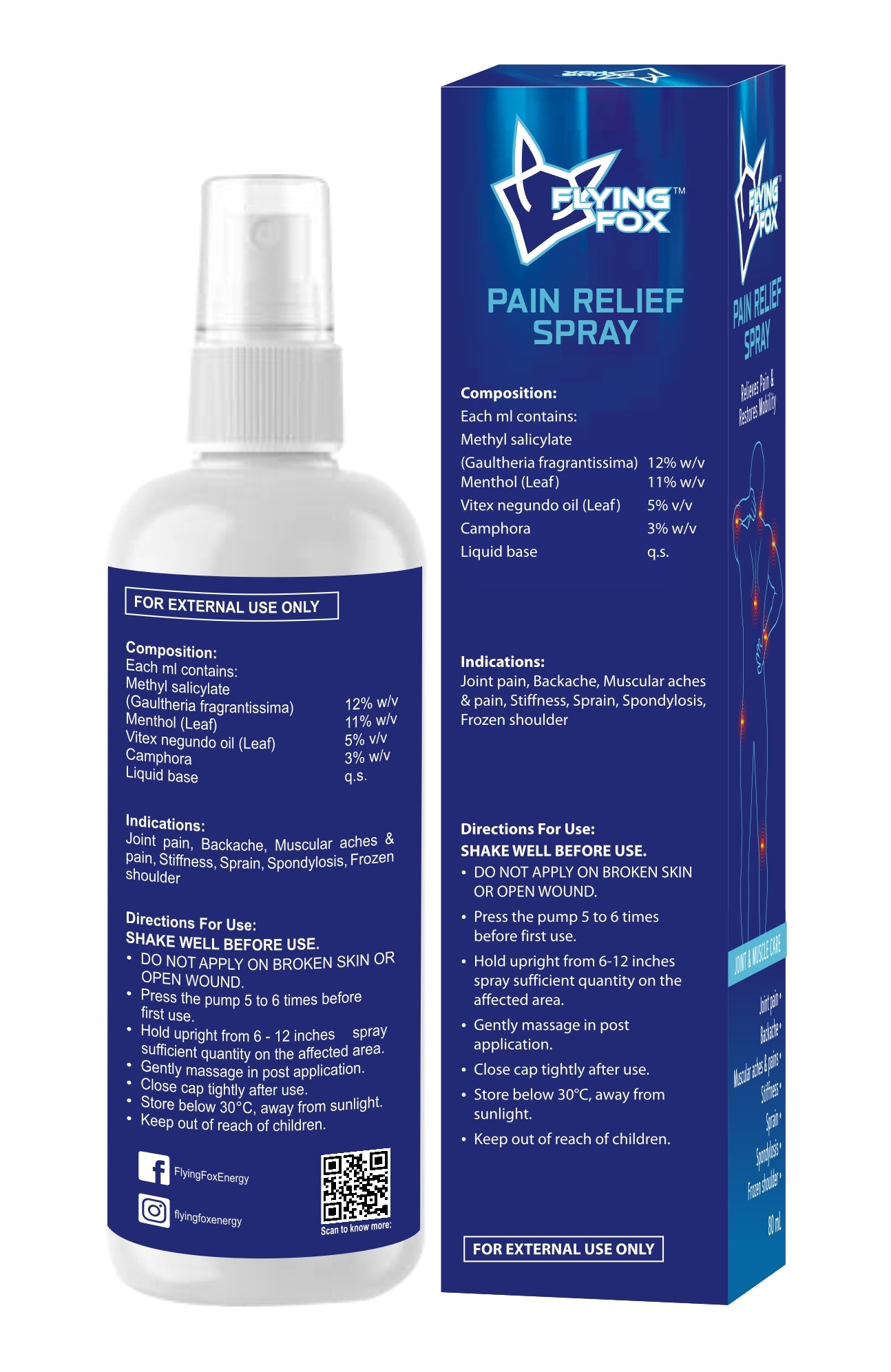 Flying Fox Pain Relief Spray - Fast Acting Muscle & Joint Recovery (80ml)
