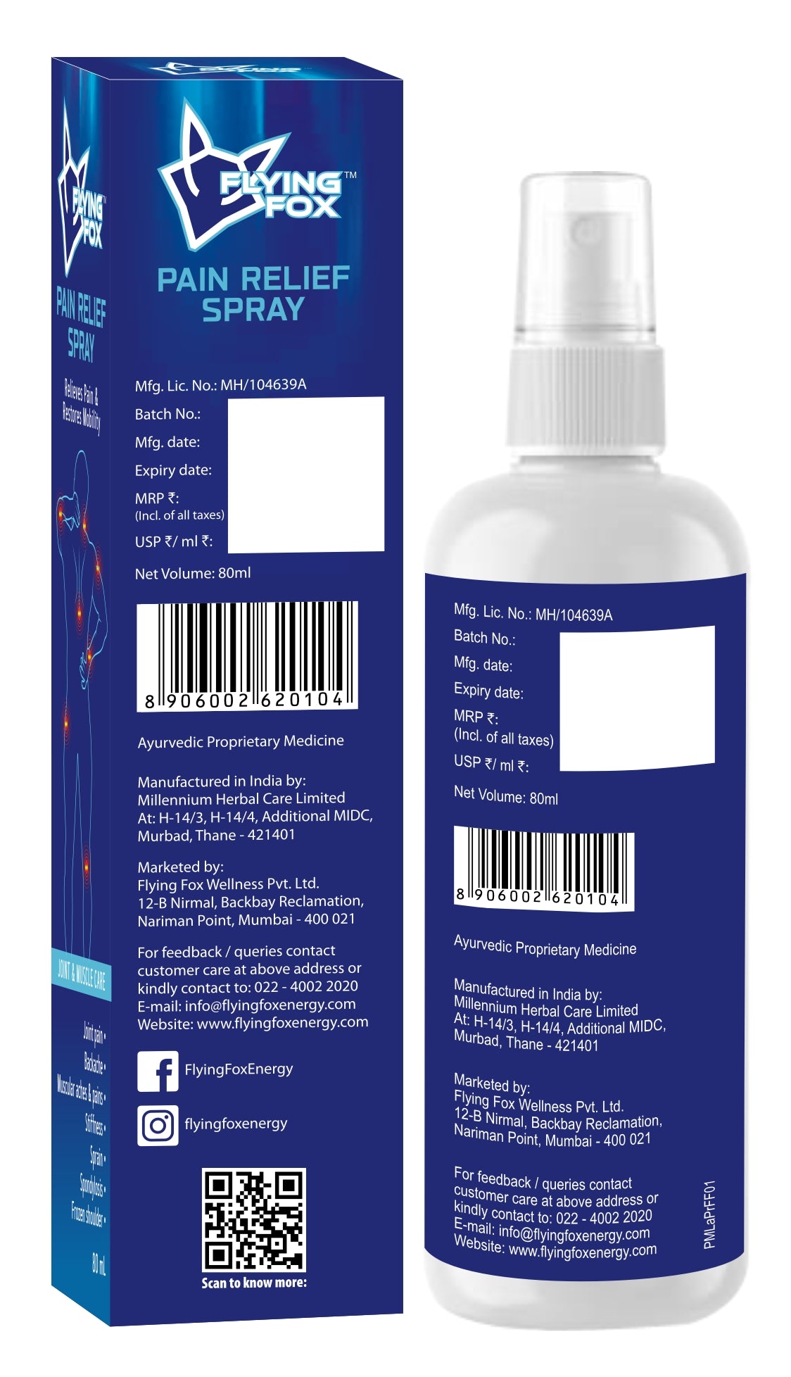 Flying Fox Pain Relief Spray - Fast Acting Muscle & Joint Recovery (80ml)