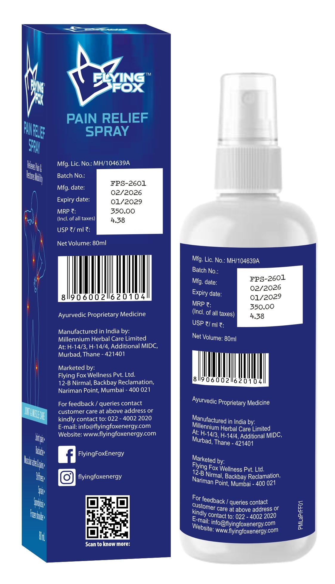 Flying Fox Pain Relief Spray - Fast Acting Muscle & Joint Recovery (80ml)