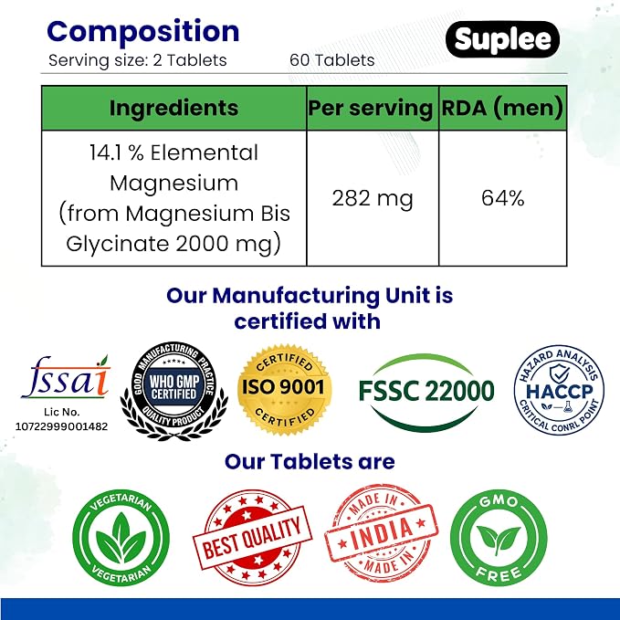 Suplee Magnesium Glycinate 2000mg, 60 Vegetarian Tablets