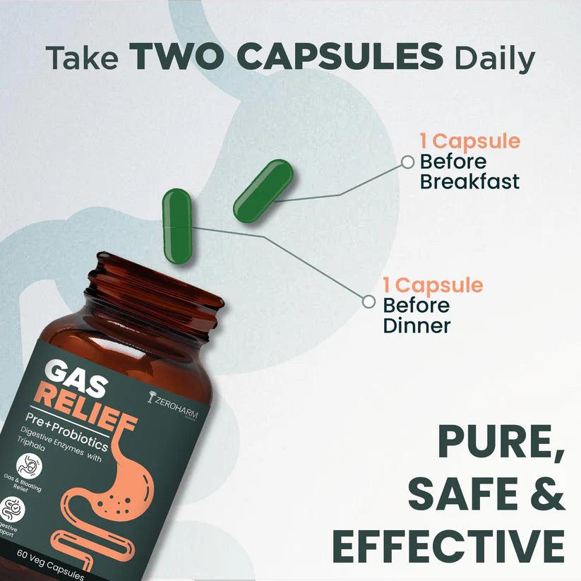 ZEROHARM Gas Relief Supplement for Bloating, Gut Health, Digestion for Men & Women - 60 Capsules