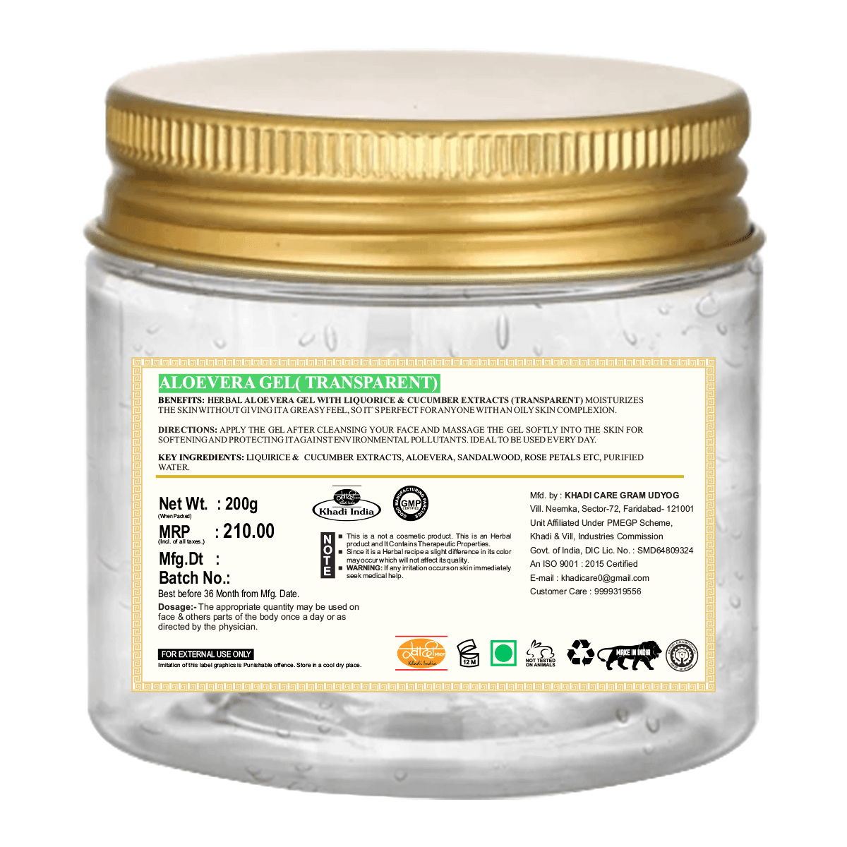 Khadi Care Herbal Aloevera Gel with Liquorice & Cucumber Extracts (Transparent) - 200g
