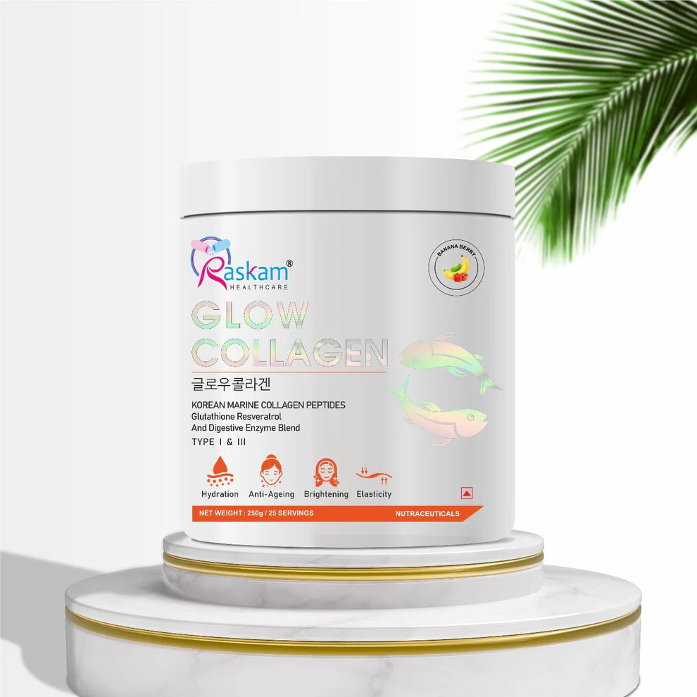 Raskam Glow Collagen Peptides Powder for Men & Women | Collagen Powder with Biotin, Vitamins C & E for Hair, Nails, Skin Radiance & Anti-Aging Flav- Banana Berry (250gm)