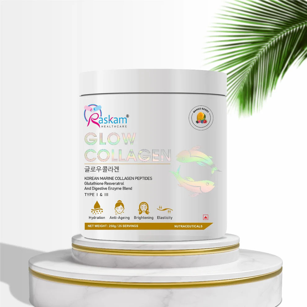 Raskam Glow Collagen Peptides Powder for Men & Women | Collagen Powder with Biotin, Vitamins C & E for Hair, Nails, Skin Radiance & Anti-Aging Flav- Mango Berry (250 gm)