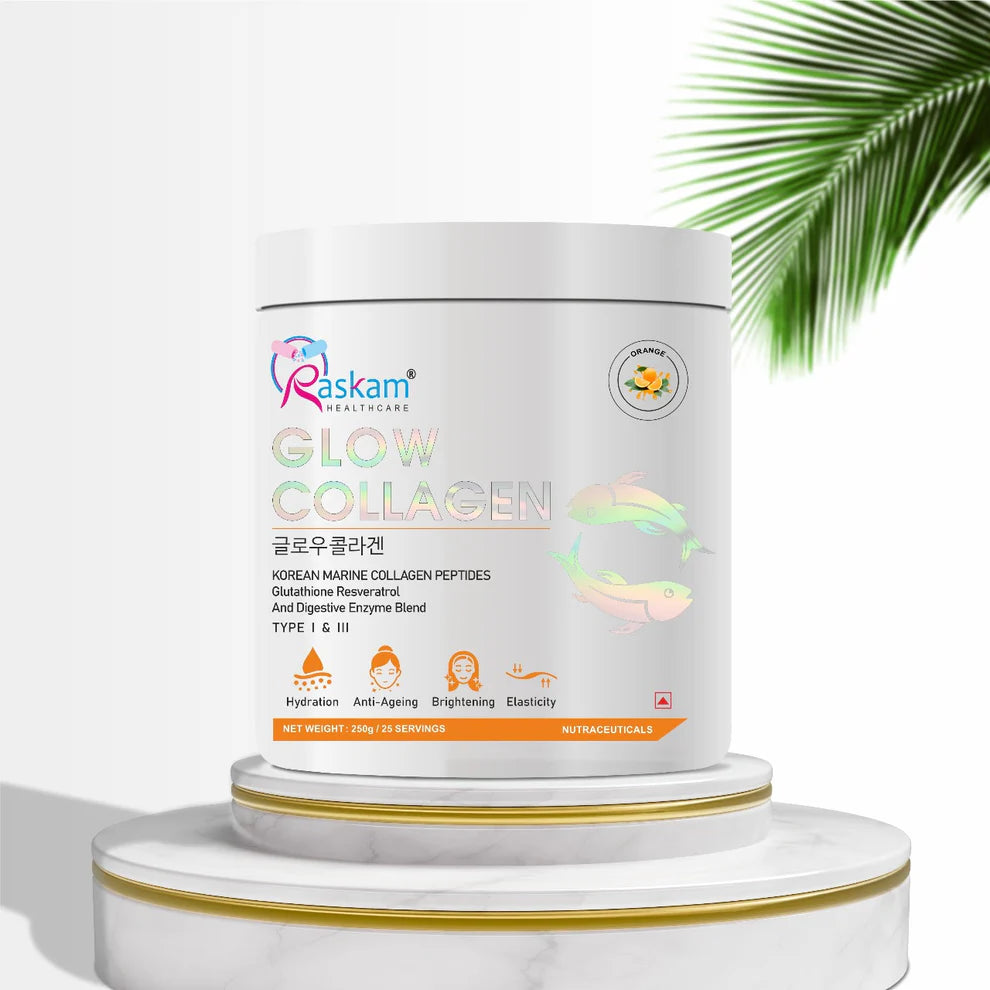 Raskam Glow Collagen Peptides Powder for Men & Women | Collagen Powder with Biotin, Vitamins C & E for Hair, Nails, Skin Radiance & Anti-Aging Flav- Orange (250 gm)